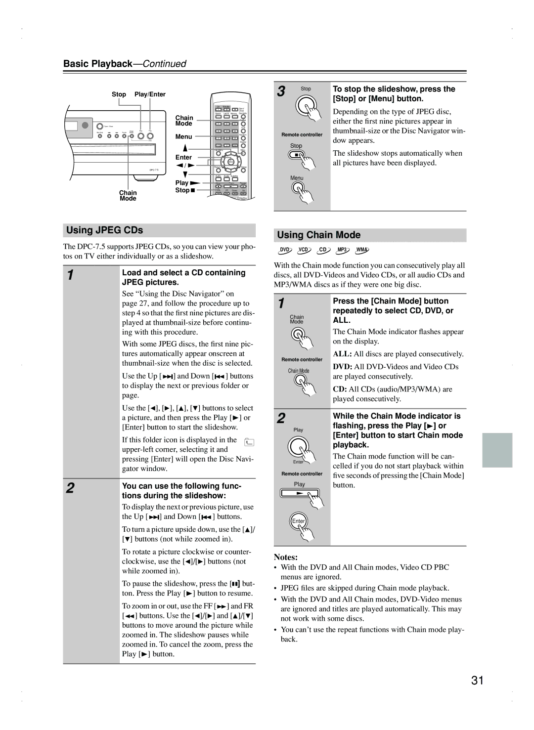 Integra DPC-7.5 instruction manual Using Jpeg CDs, Using Chain Mode 