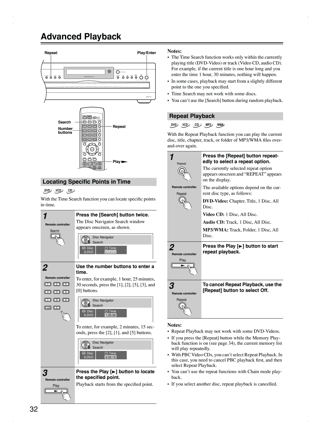 Integra DPC-7.5 instruction manual Advanced Playback, Locating Speciﬁc Points in Time, Repeat Playback 