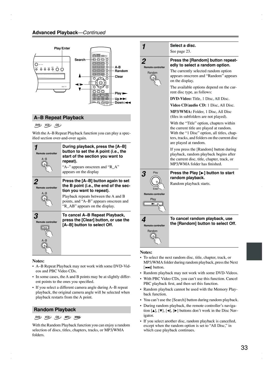 Integra DPC-7.5 instruction manual Advanced Playback, Random Playback 