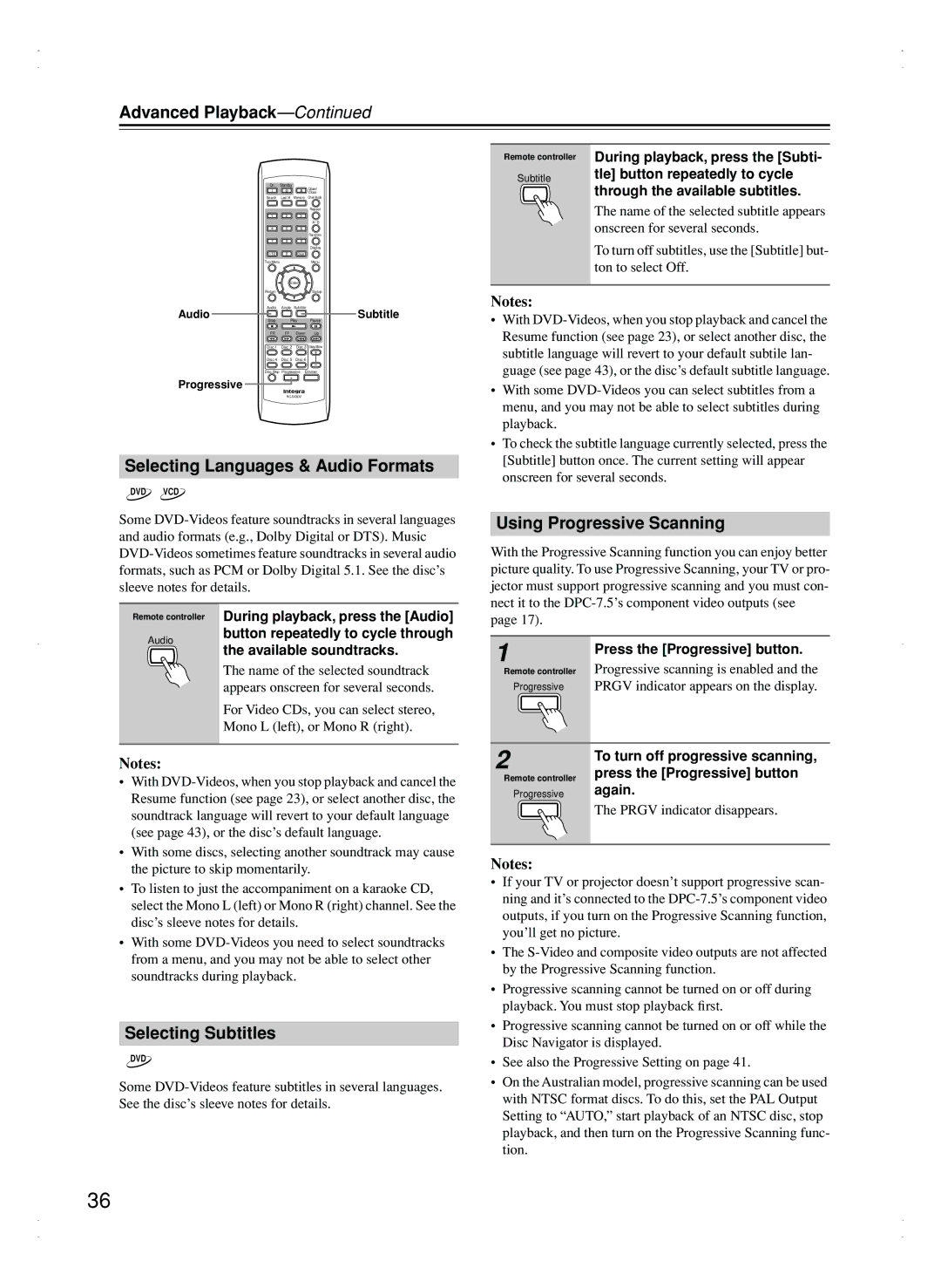 Integra DPC-7.5 instruction manual Selecting Languages & Audio Formats, Using Progressive Scanning, Selecting Subtitles 