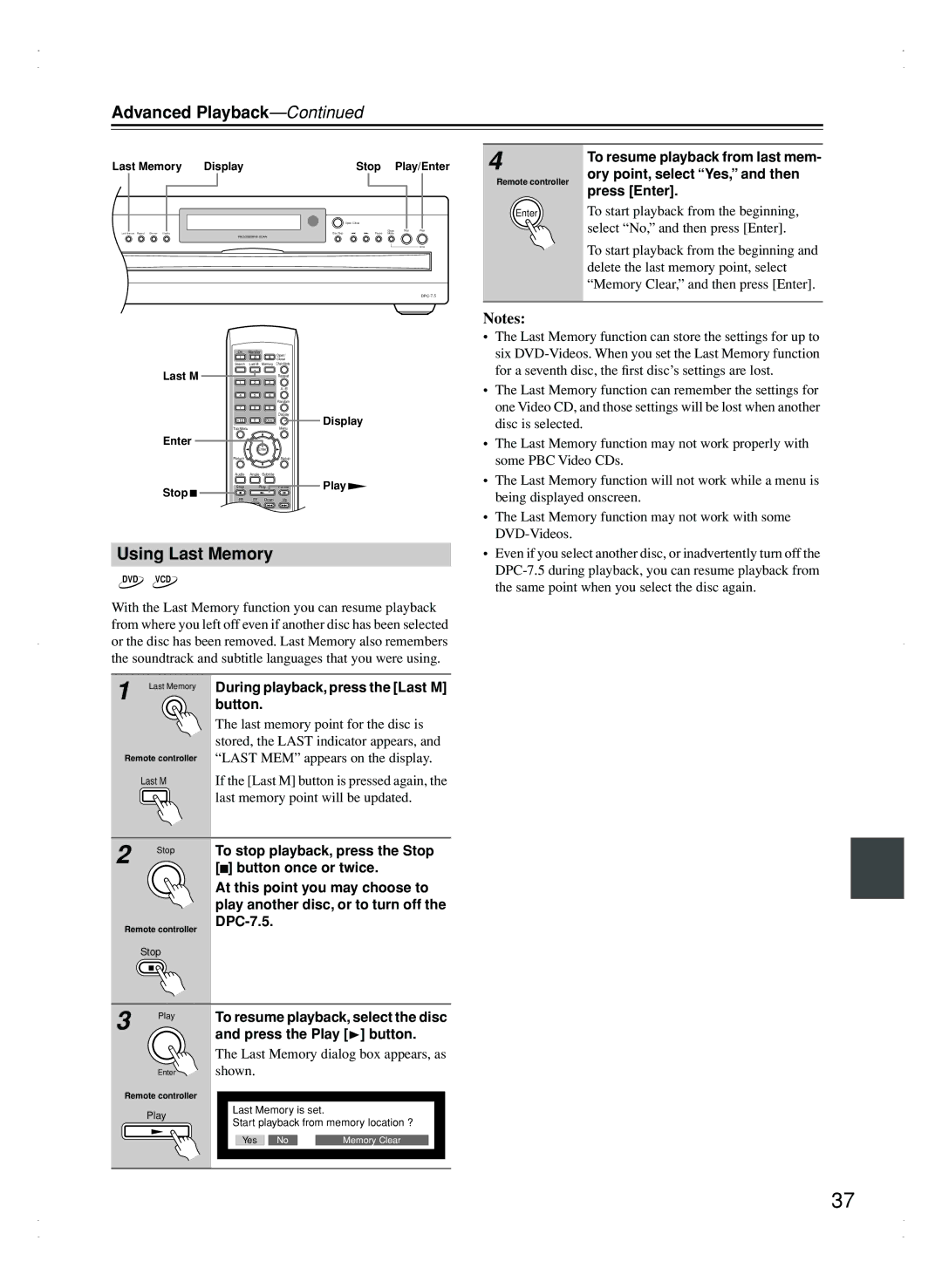 Integra DPC-7.5 Using Last Memory, During playback, press the Last M button, Last Memory dialog box appears, as shown 