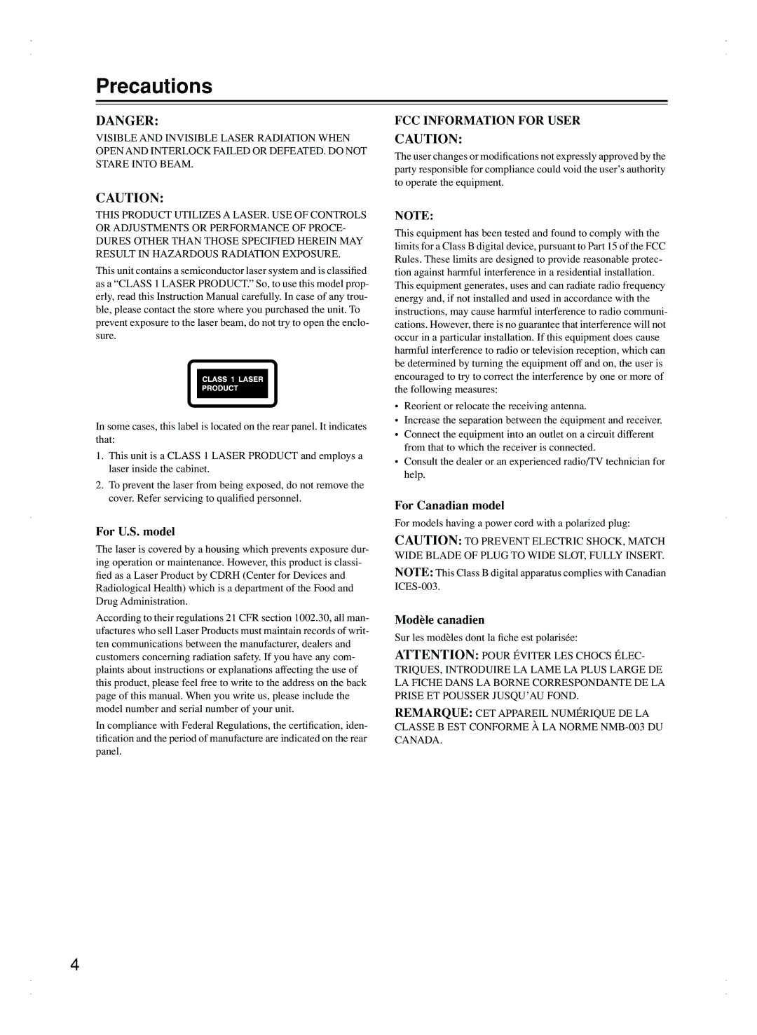 Integra DPC-7.5 instruction manual Precautions, For models having a power cord with a polarized plug 