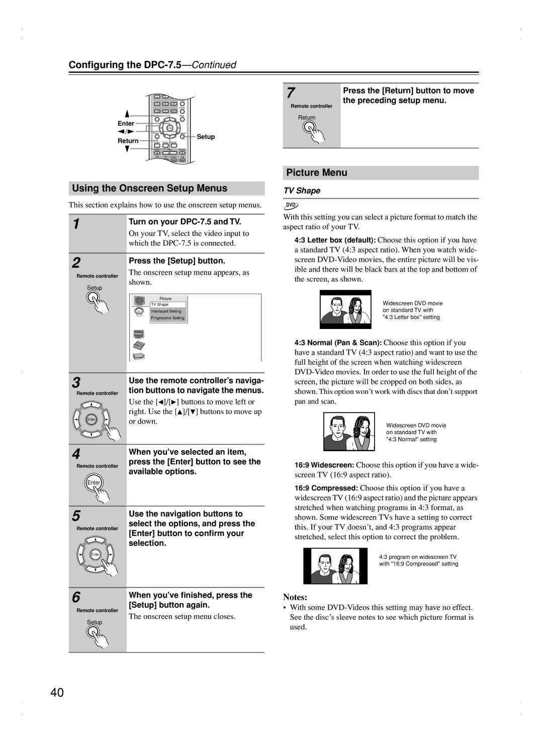 Integra instruction manual Conﬁguring the DPC-7.5, Using the Onscreen Setup Menus, Picture Menu, TV Shape 