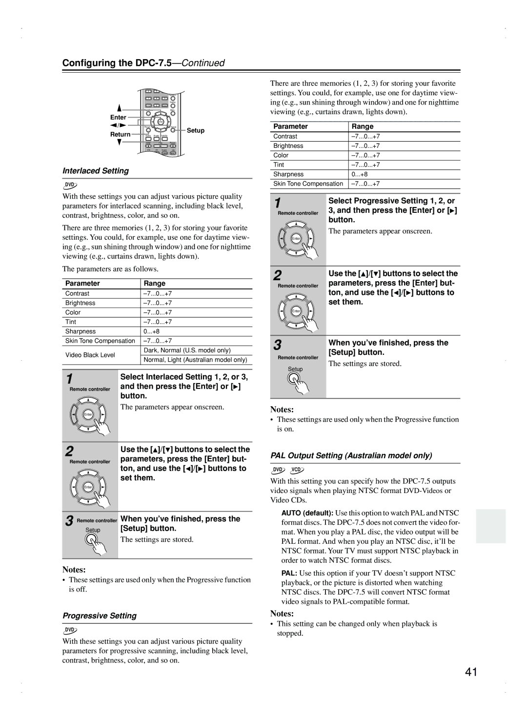 Integra DPC-7.5 instruction manual Interlaced Setting, Progressive Setting, PAL Output Setting Australian model only 