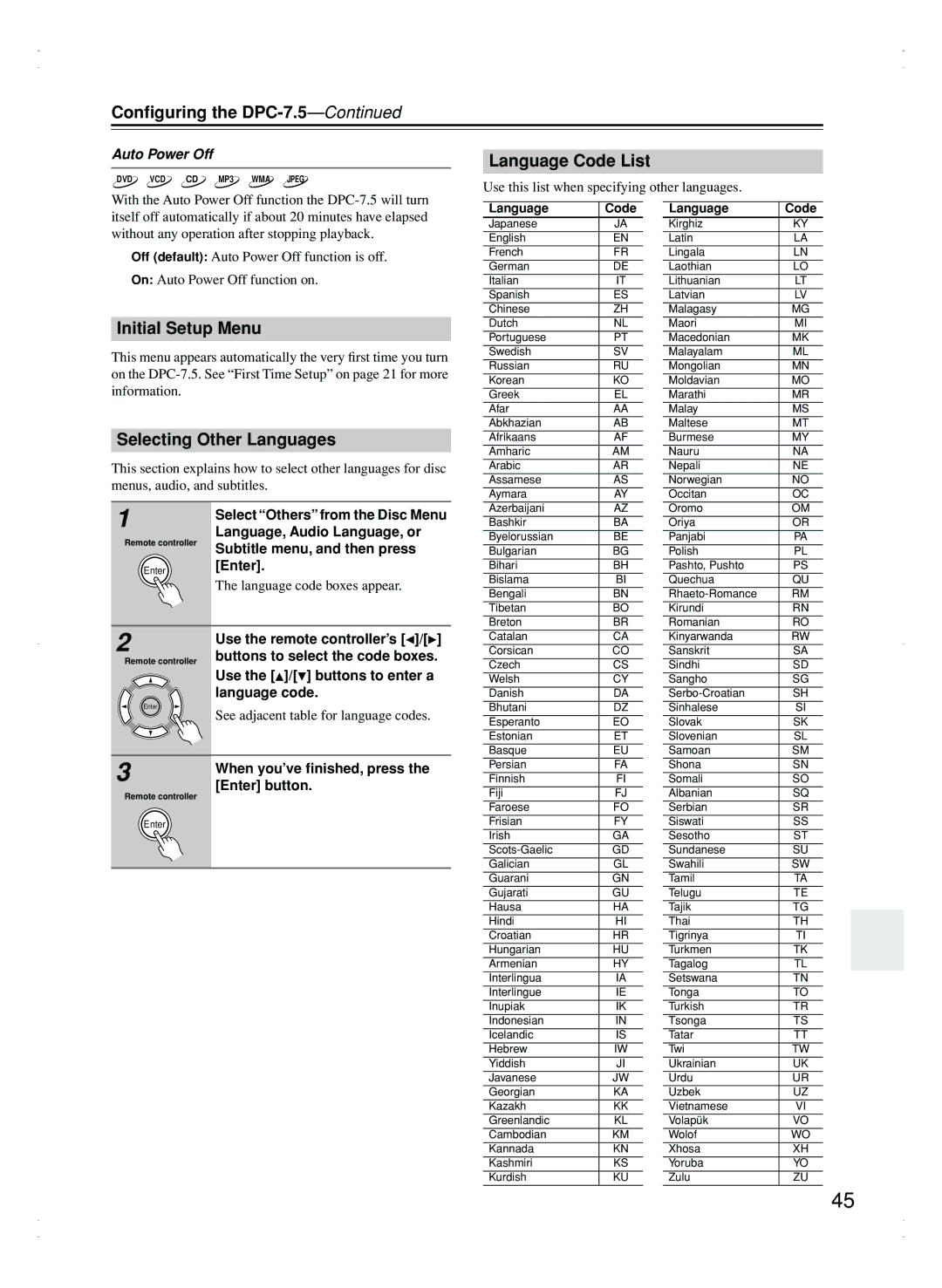 Integra DPC-7.5 instruction manual Language Code List, Initial Setup Menu, Selecting Other Languages, Auto Power Off 