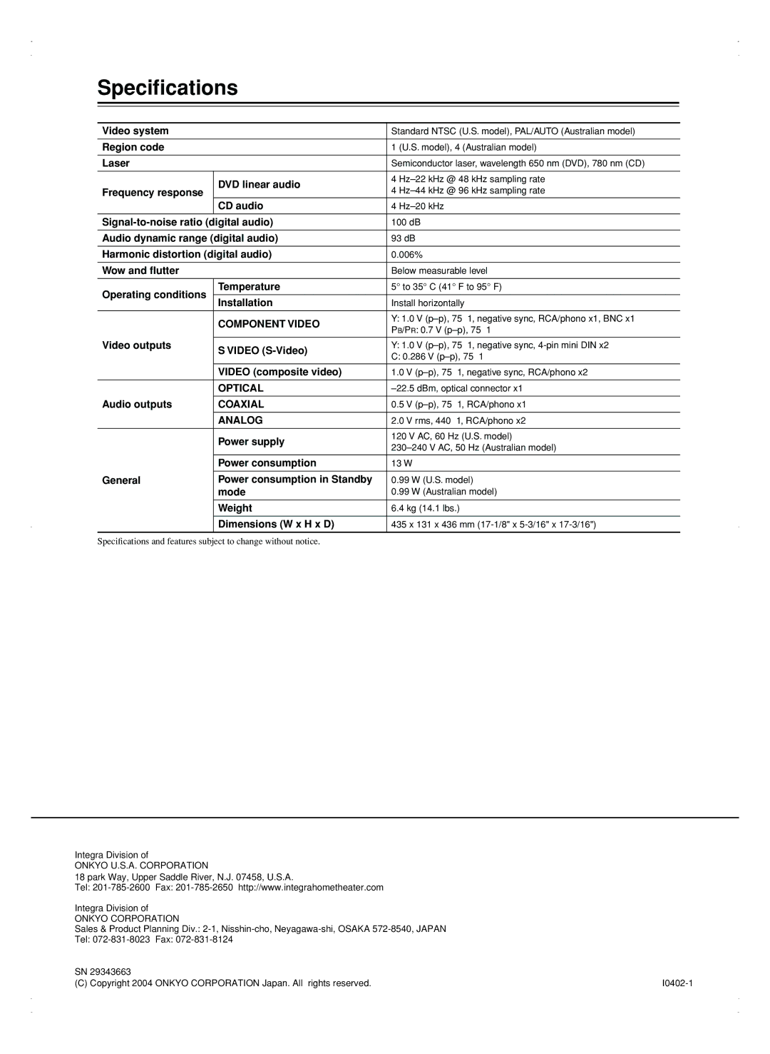 Integra DPC-7.5 instruction manual Speciﬁcations, Component Video 