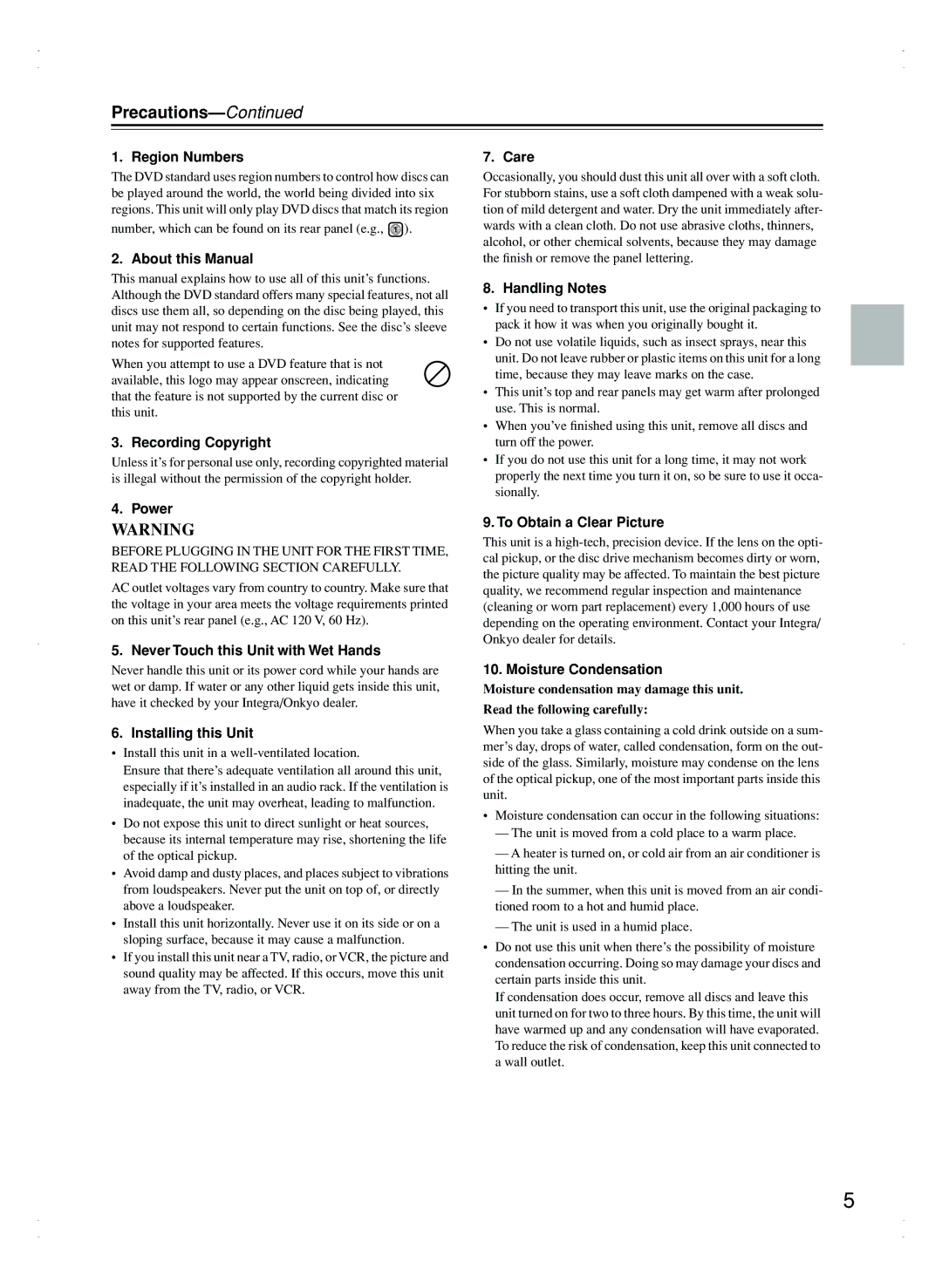 Integra DPC-7.5 instruction manual Precautions 