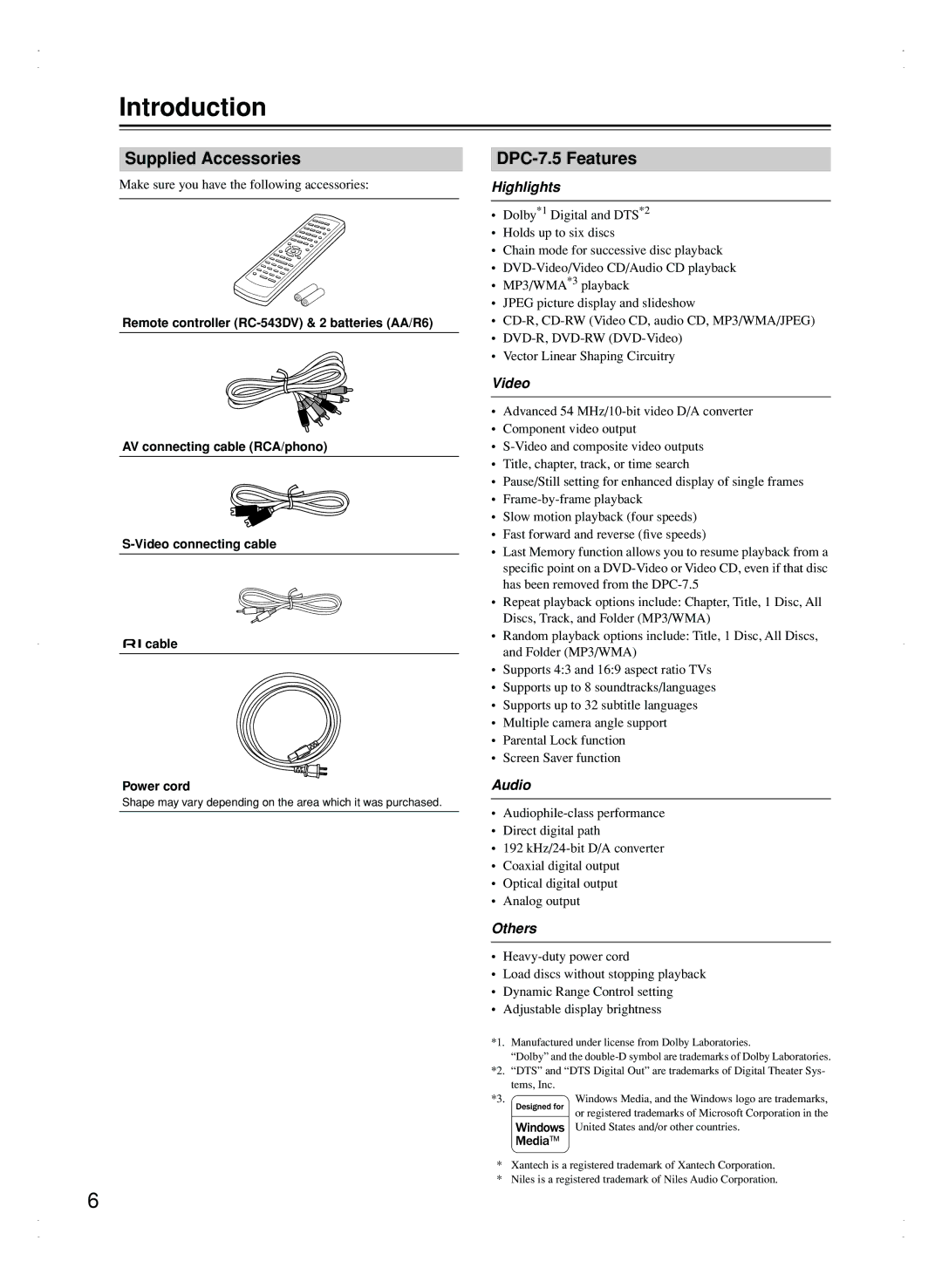 Integra instruction manual Introduction, Supplied Accessories, DPC-7.5 Features 