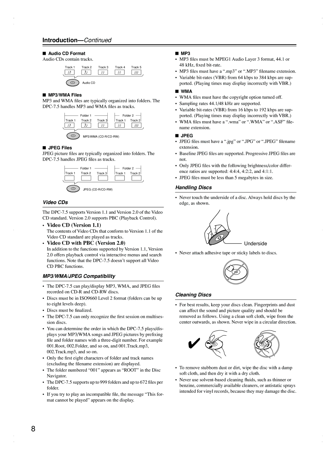 Integra DPC-7.5 instruction manual Introduction, Video CDs, MP3/WMA/JPEG Compatibility, Handling Discs, Cleaning Discs 