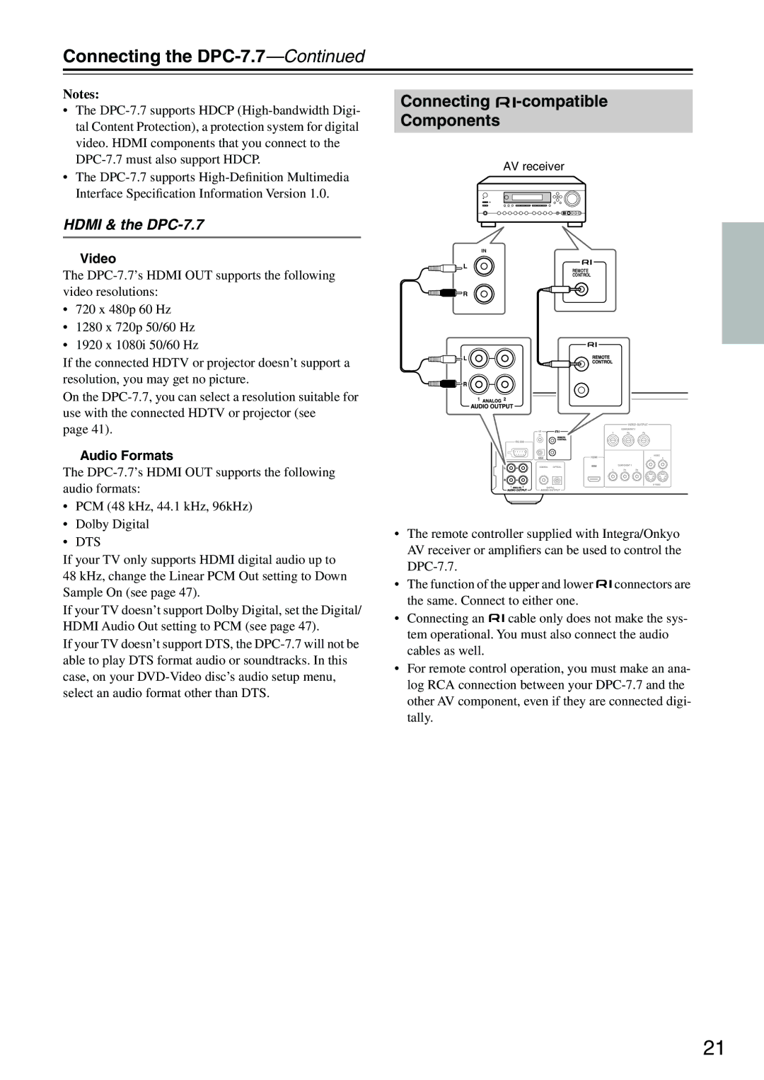 Integra instruction manual Connecting -compatible Components, Hdmi & the DPC-7.7, Video, Audio Formats 