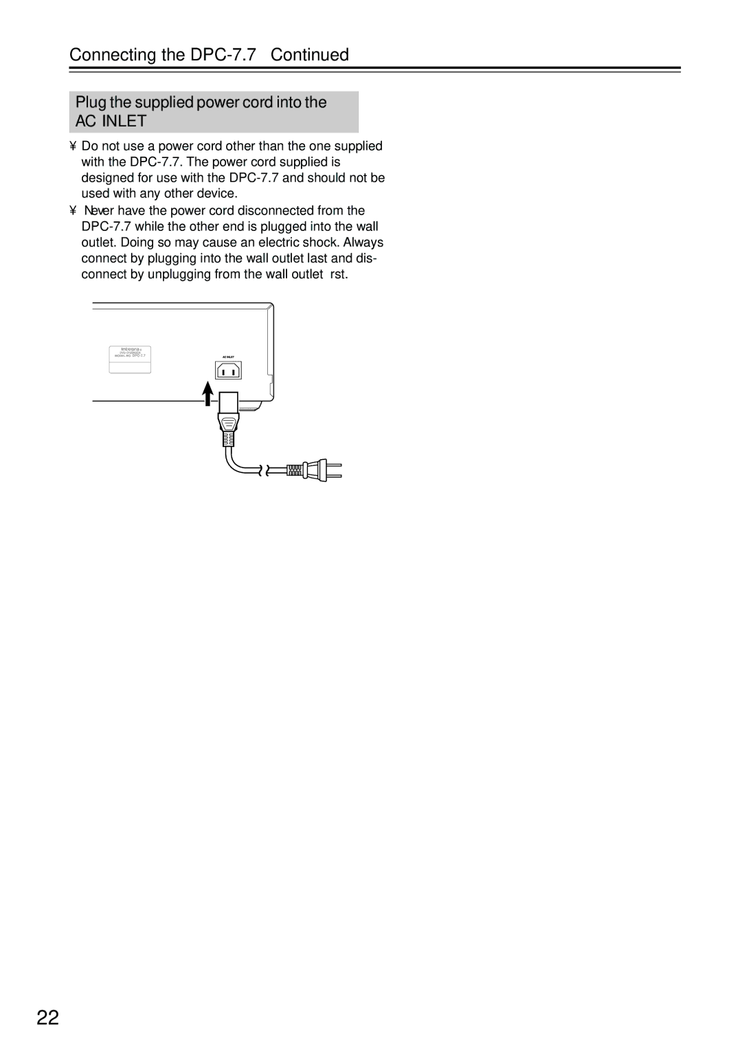 Integra DPC-7.7 instruction manual Plug the supplied power cord into, AC Inlet 