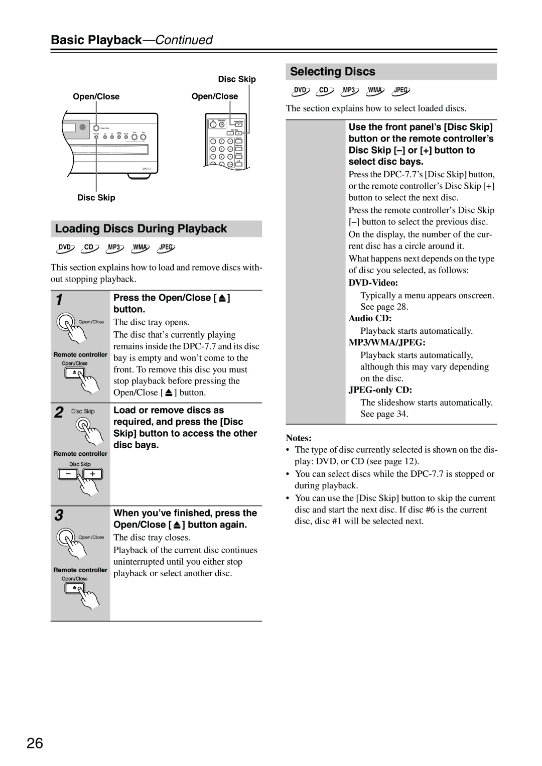 Integra DPC-7.7 instruction manual Basic Playback, Loading Discs During Playback, Selecting Discs 