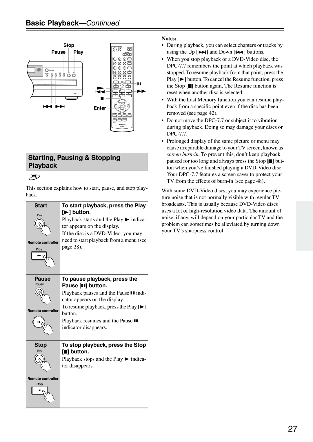 Integra DPC-7.7 instruction manual Starting, Pausing & Stopping Playback, Start To start playback, press the Play Button 