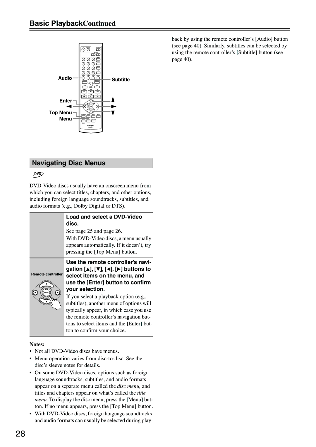 Integra DPC-7.7 Navigating Disc Menus, Load and select a DVD-Video, See page 25, Pressing the Top Menu button 