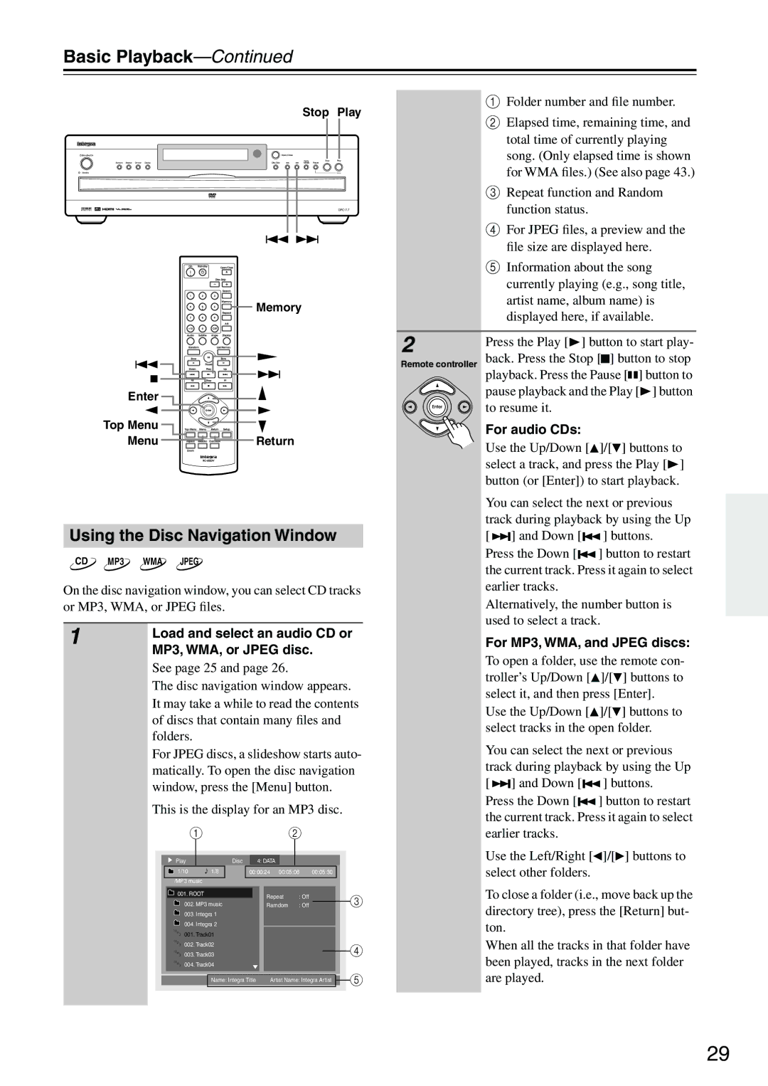 Integra DPC-7.7 Using the Disc Navigation Window, Load and select an audio CD or, MP3, WMA, or Jpeg disc, For audio CDs 