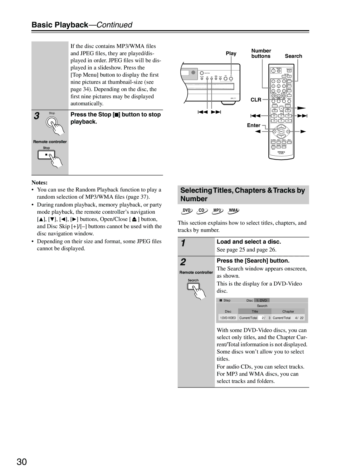 Integra DPC-7.7 instruction manual SelectingTitles, Chapters &Tracks by Number, Press the Stop button to stop, Playback 