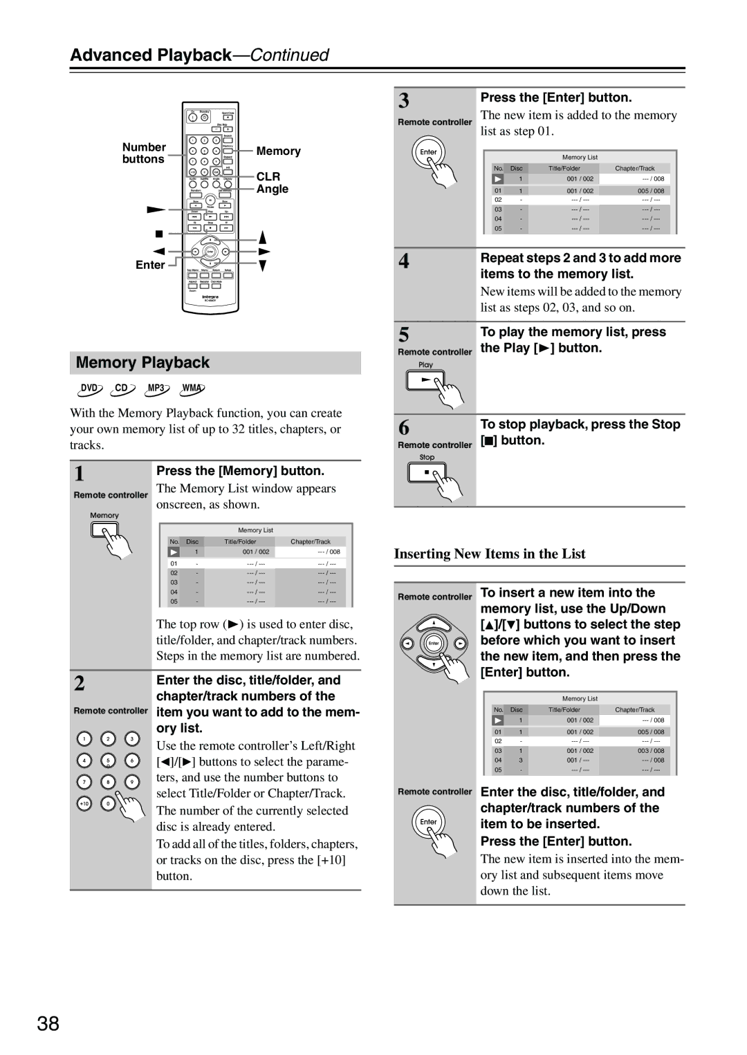 Integra DPC-7.7 instruction manual Memory Playback, Inserting New Items in the List 