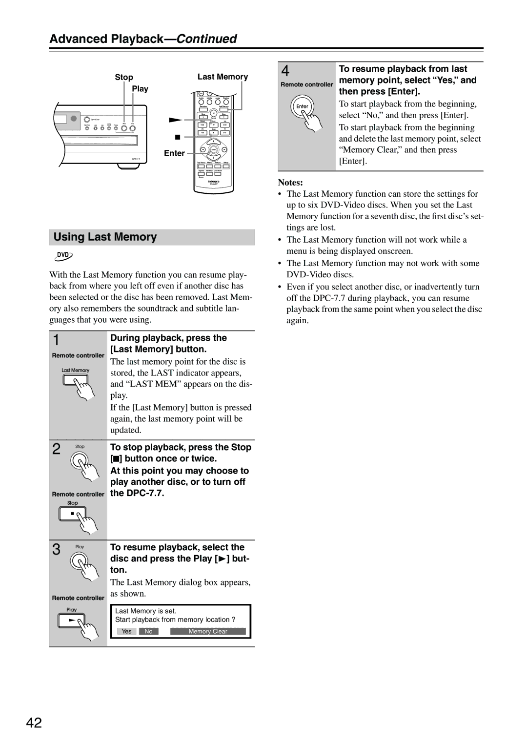 Integra DPC-7.7 Using Last Memory, Button once or twice, To resume playback, select, Disc and press the Play but 