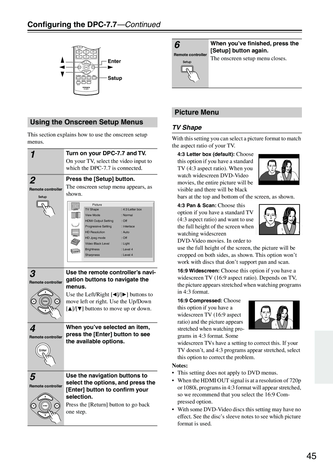 Integra instruction manual Conﬁguring the DPC-7.7, Using the Onscreen Setup Menus, Picture Menu, TV Shape 