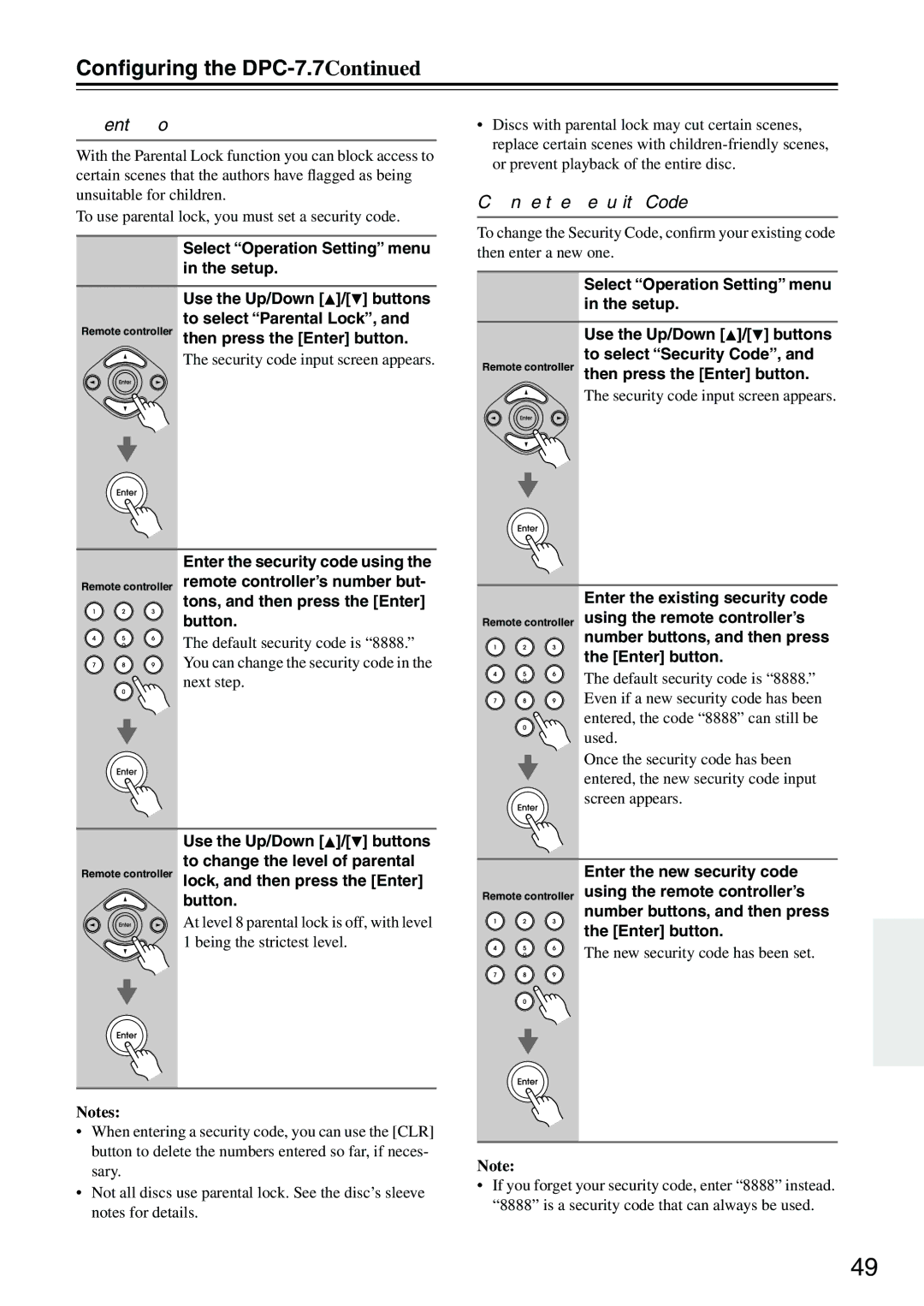 Integra DPC-7.7 instruction manual Parental Lock, Change the Security Code 