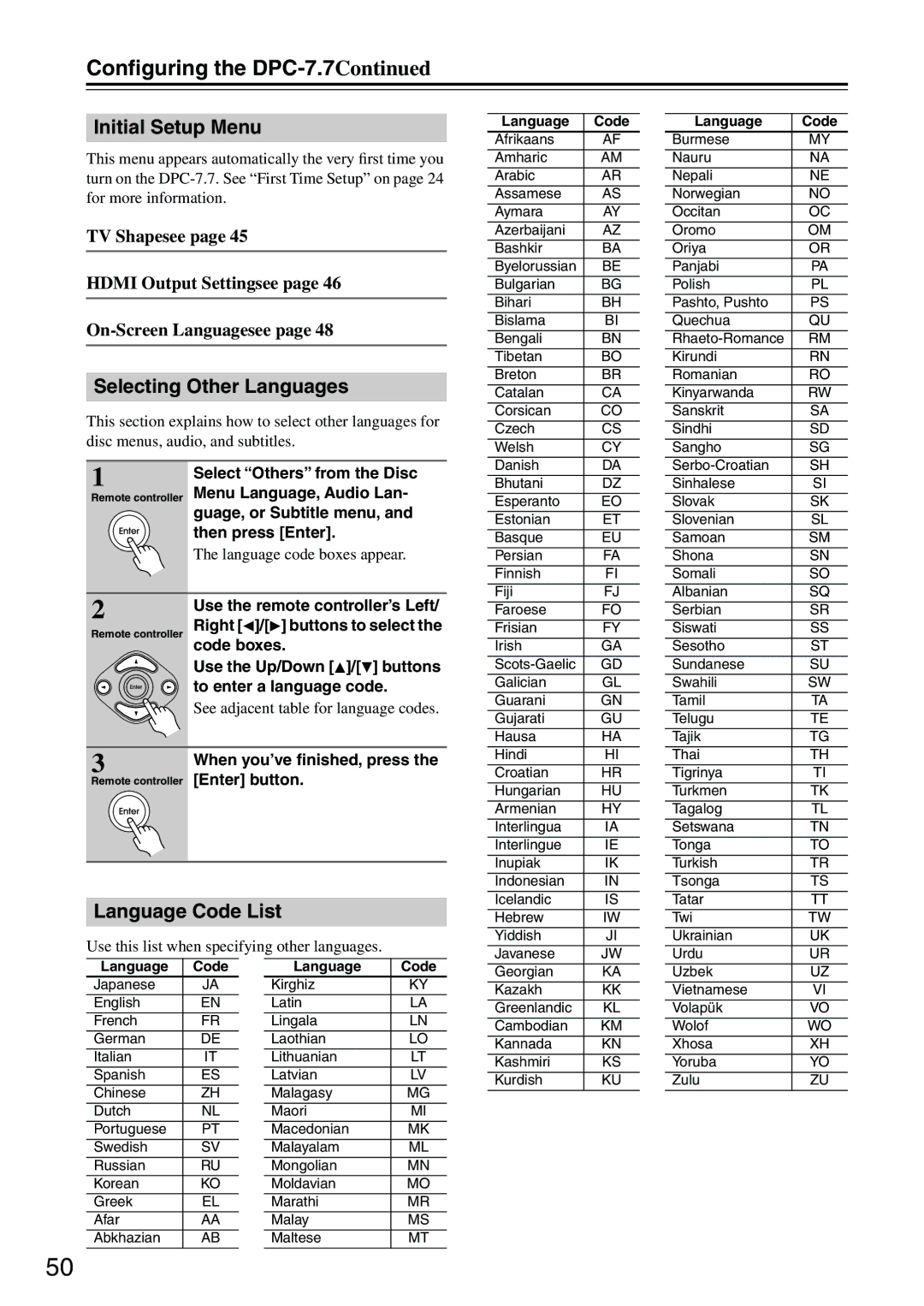 Integra DPC-7.7 instruction manual Initial Setup Menu, Selecting Other Languages, Language Code List 