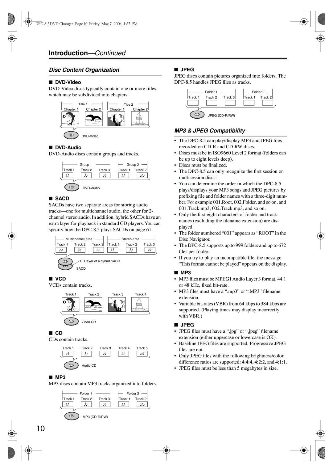 Integra DPC-8.5 instruction manual Introduction, Disc Content Organization, MP3 & Jpeg Compatibility 