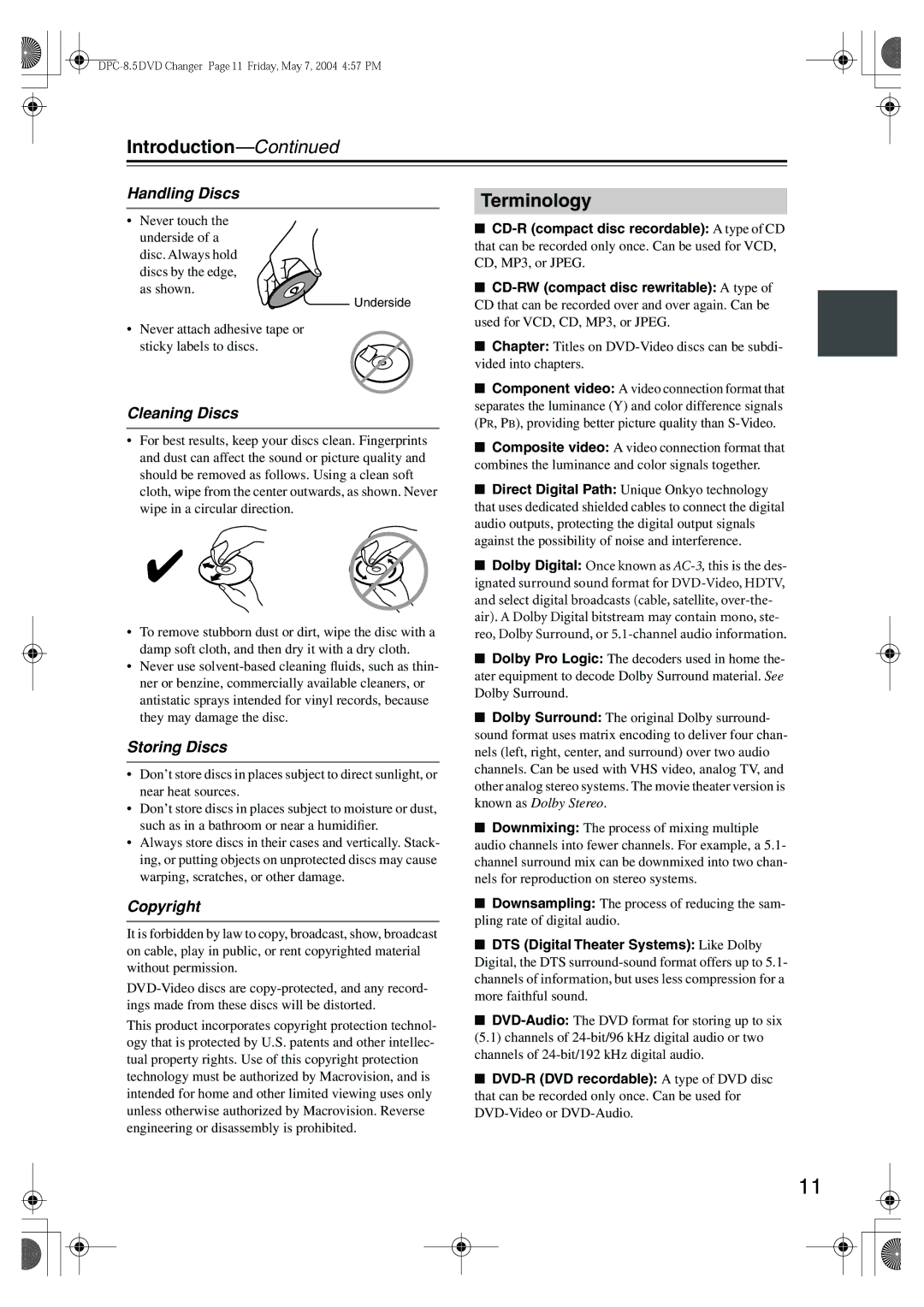 Integra DPC-8.5 instruction manual Terminology, Handling Discs, Storing Discs, Copyright 