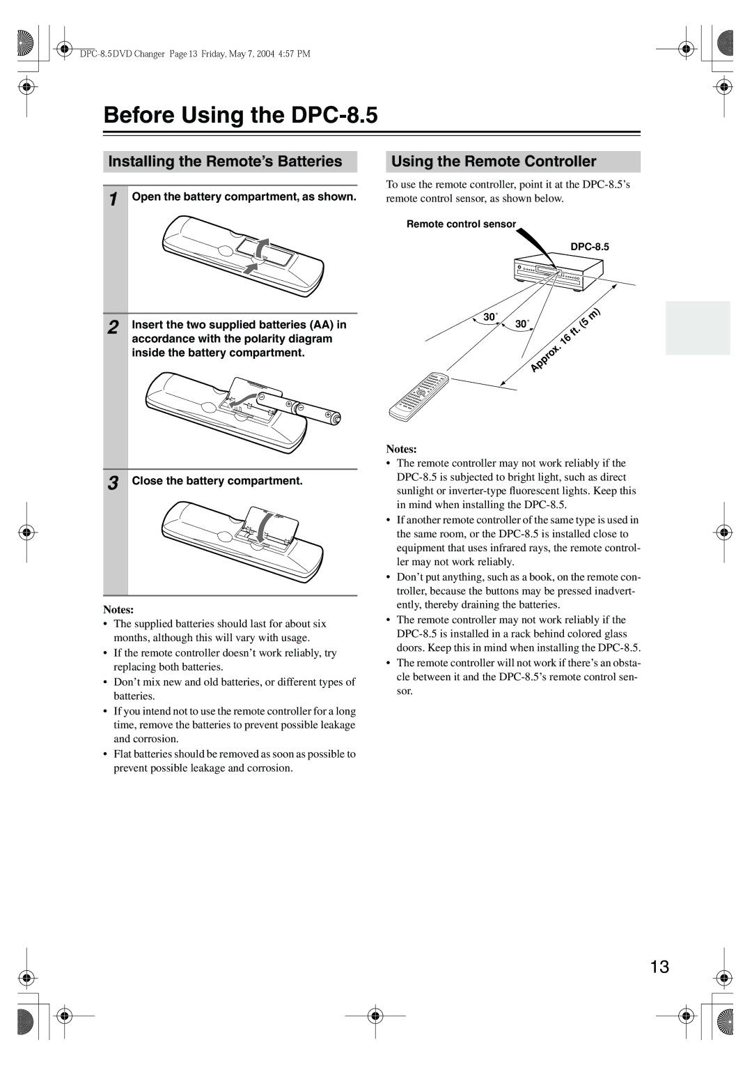 Integra instruction manual Before Using the DPC-8.5, Installing the Remote’s Batteries, Using the Remote Controller 