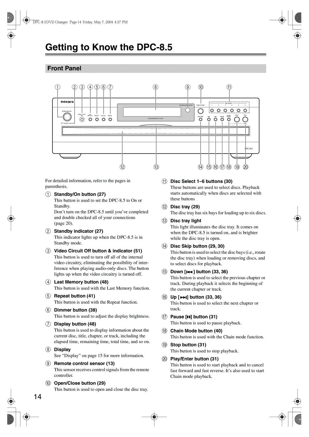 Integra instruction manual Getting to Know the DPC-8.5, Front Panel 