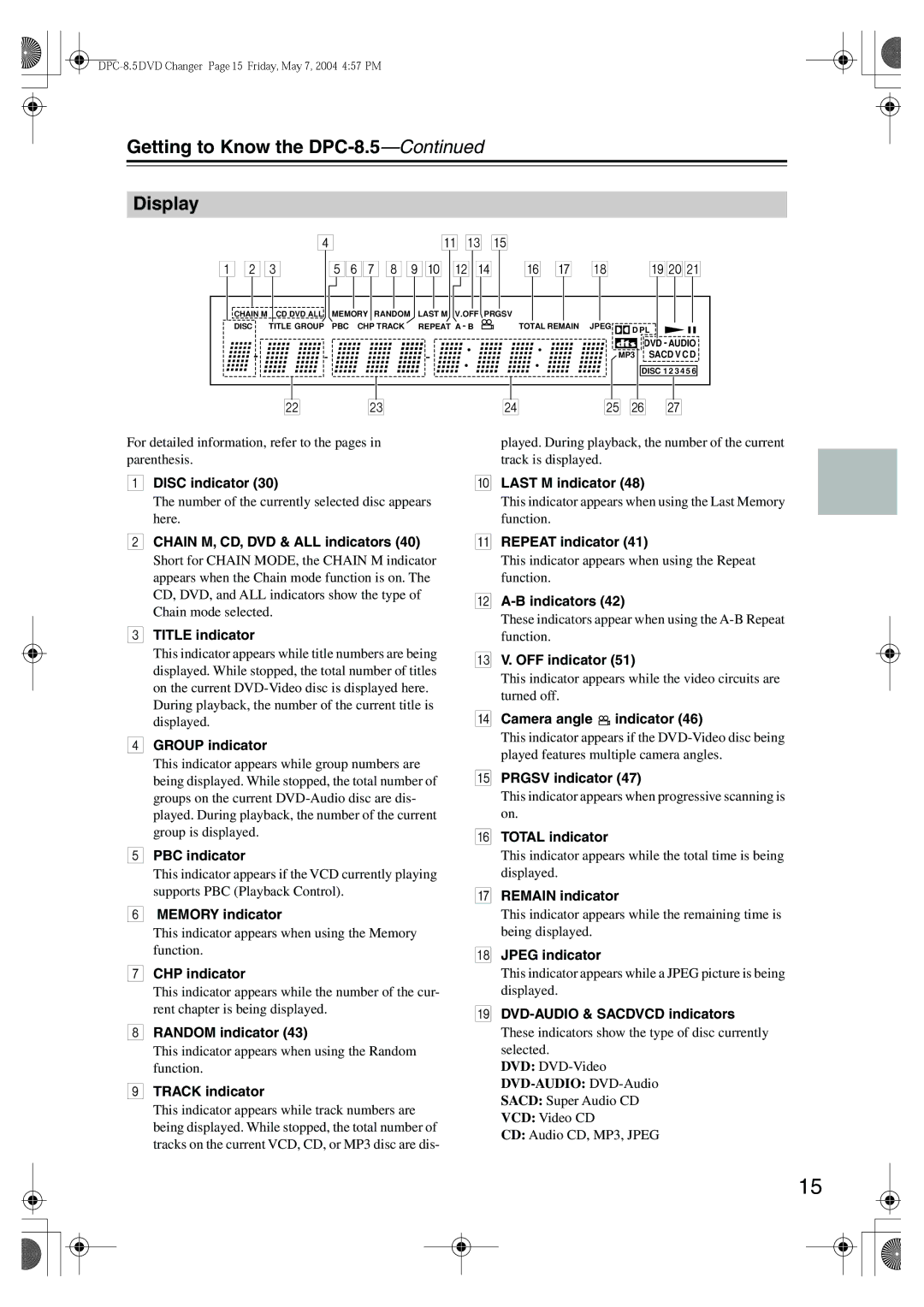 Integra instruction manual Getting to Know the DPC-8.5 Display 