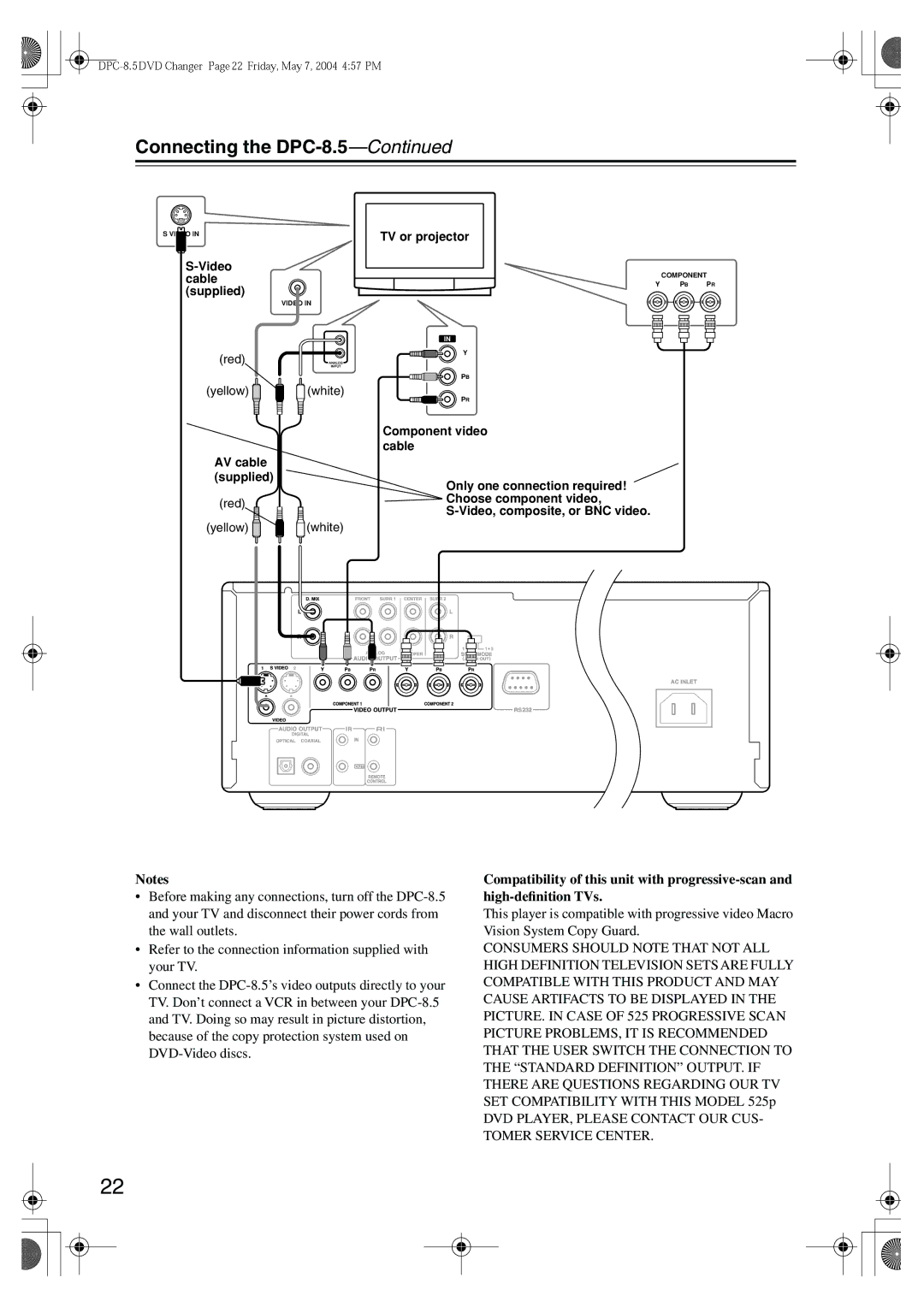 Integra DPC-8.5 instruction manual AV cable Supplied 