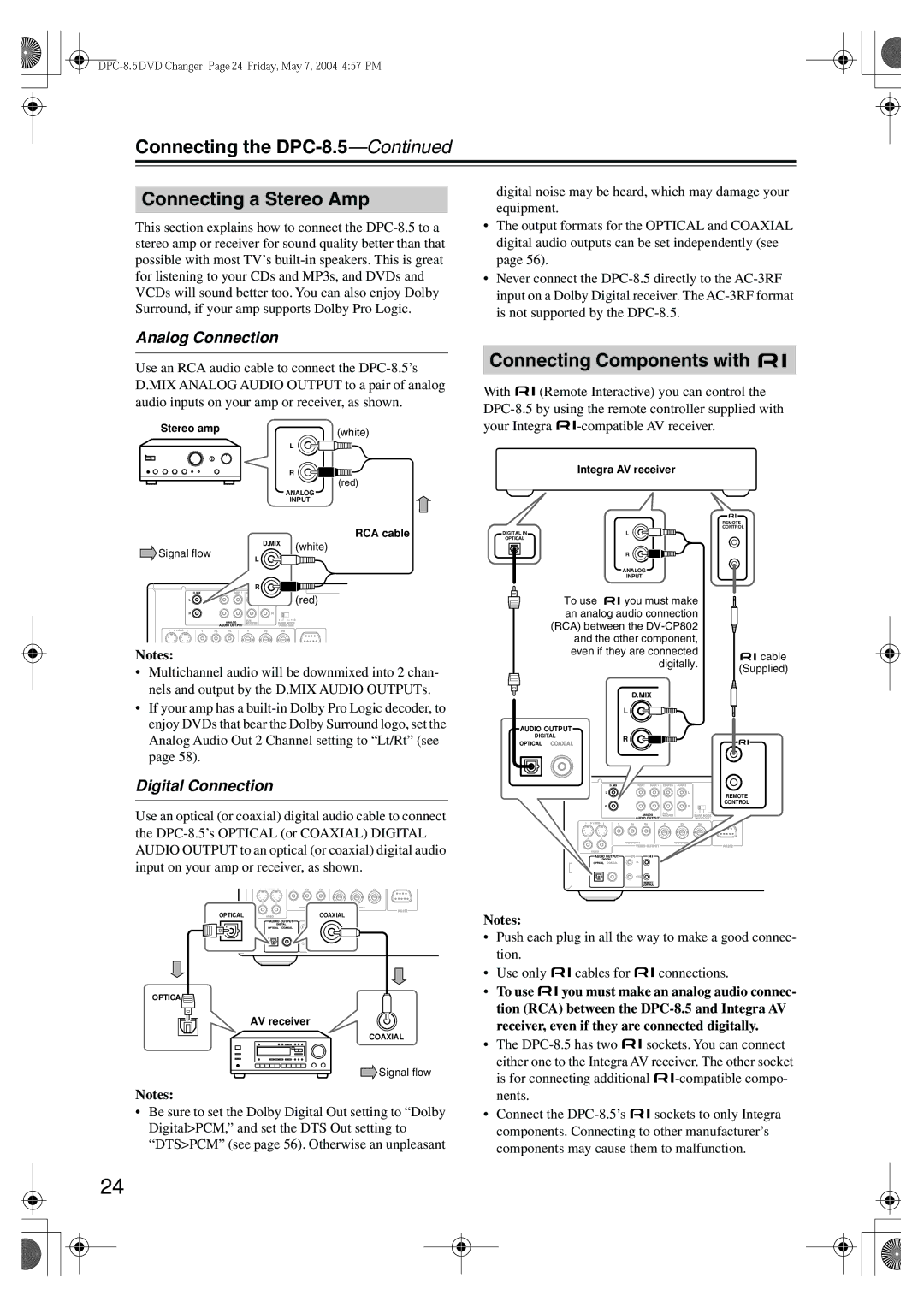 Integra instruction manual Connecting the DPC-8.5 Connecting a Stereo Amp, Connecting Components with, Analog Connection 