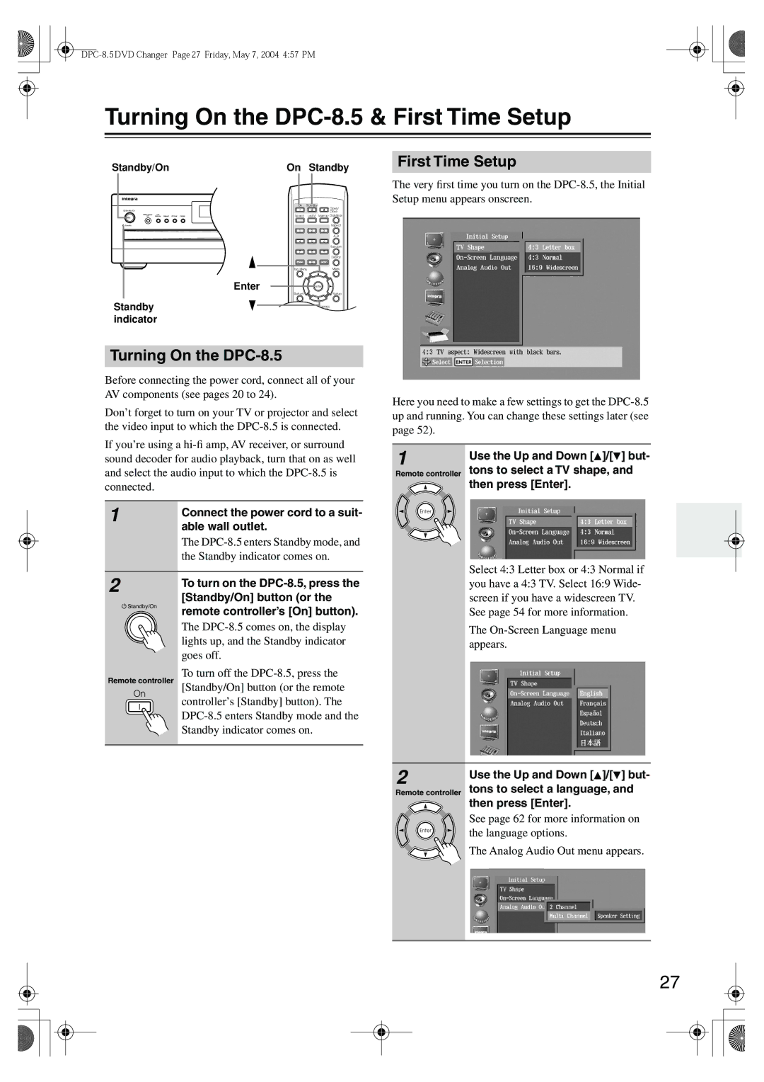 Integra instruction manual Turning On the DPC-8.5 & First Time Setup 