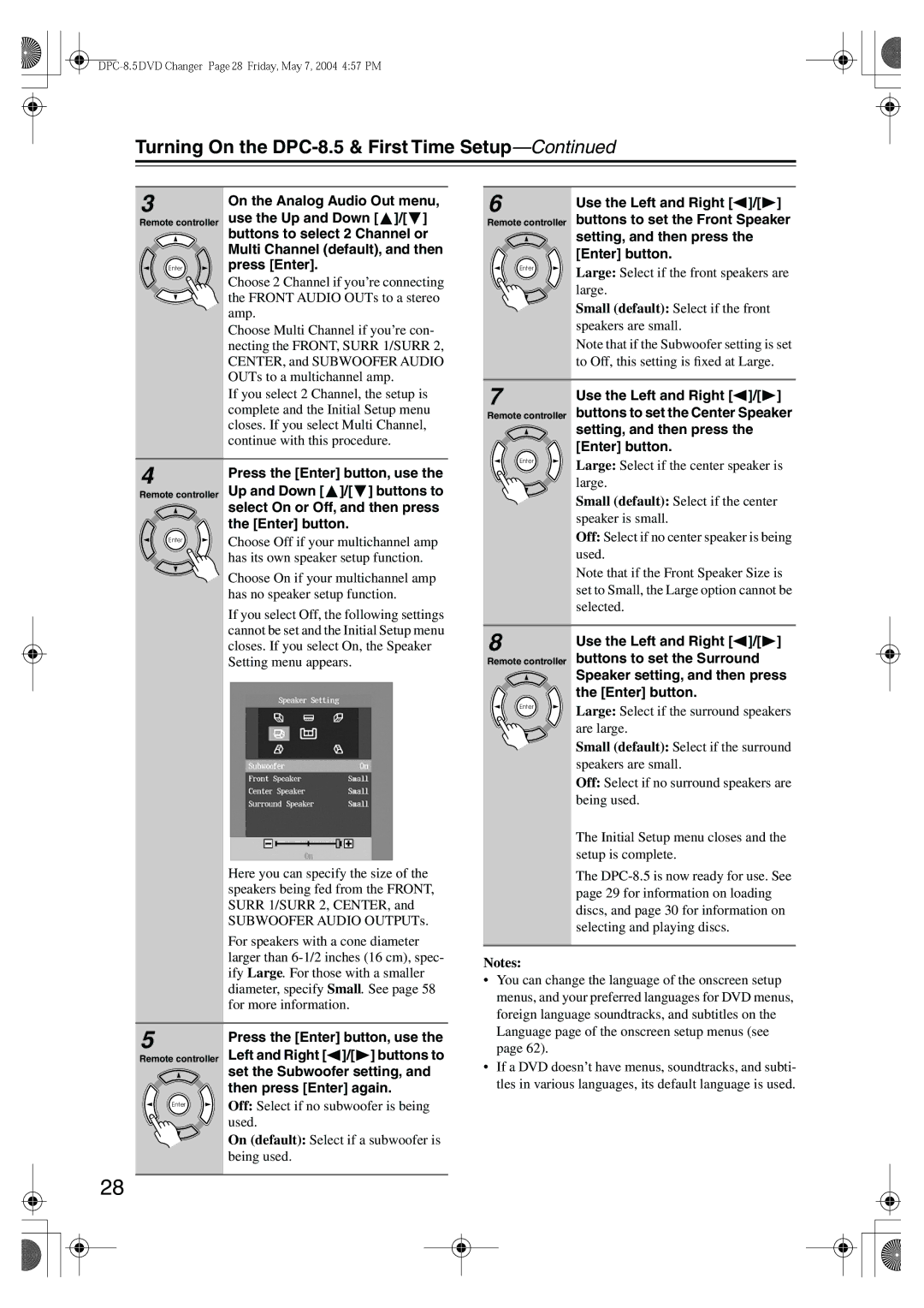 Integra instruction manual Turning On the DPC-8.5 & First Time Setup, Use the Left and Right 