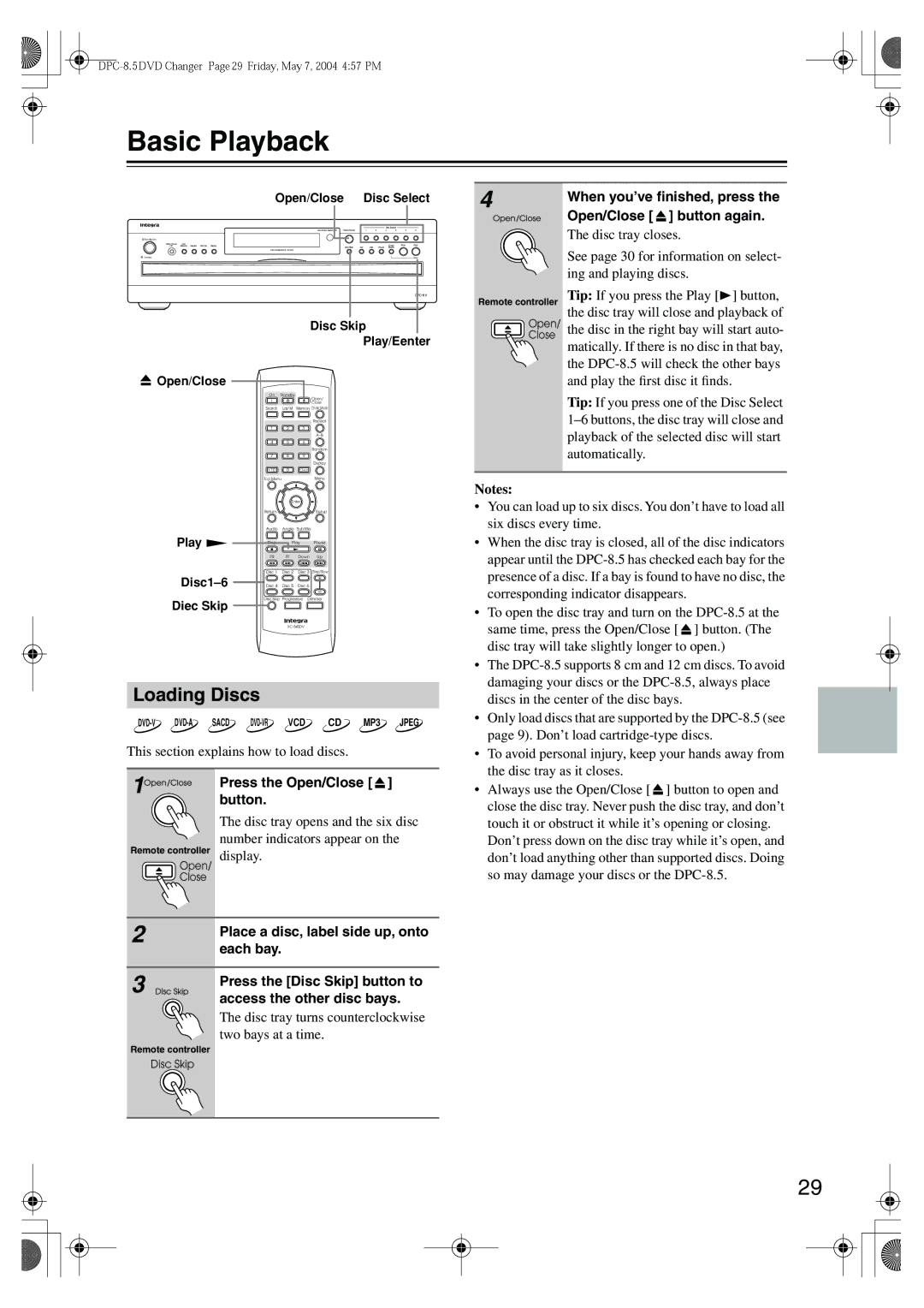 Integra DPC-8.5 instruction manual Basic Playback, Loading Discs 