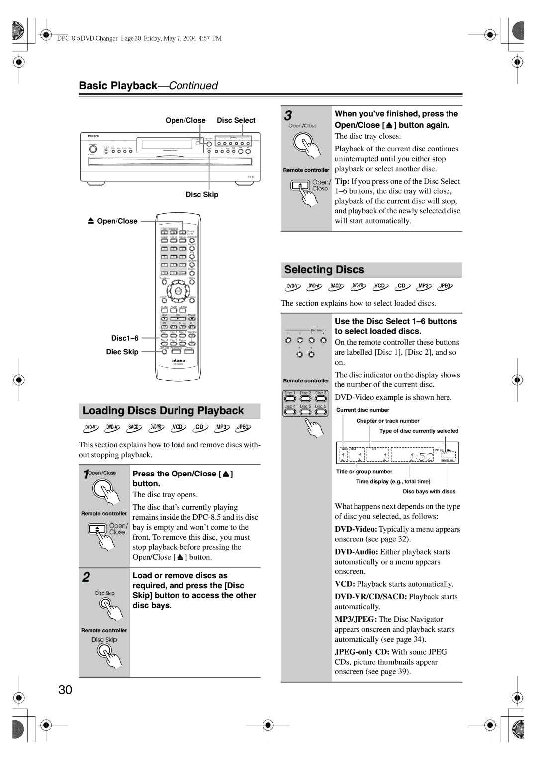 Integra DPC-8.5 instruction manual Basic Playback, Selecting Discs, Loading Discs During Playback 