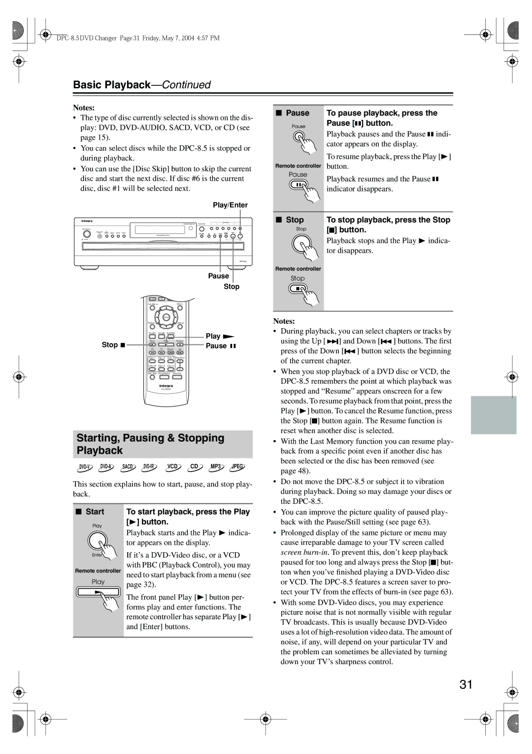 Integra DPC-8.5 instruction manual Starting, Pausing & Stopping Playback, To pause playback, press the Pause button 