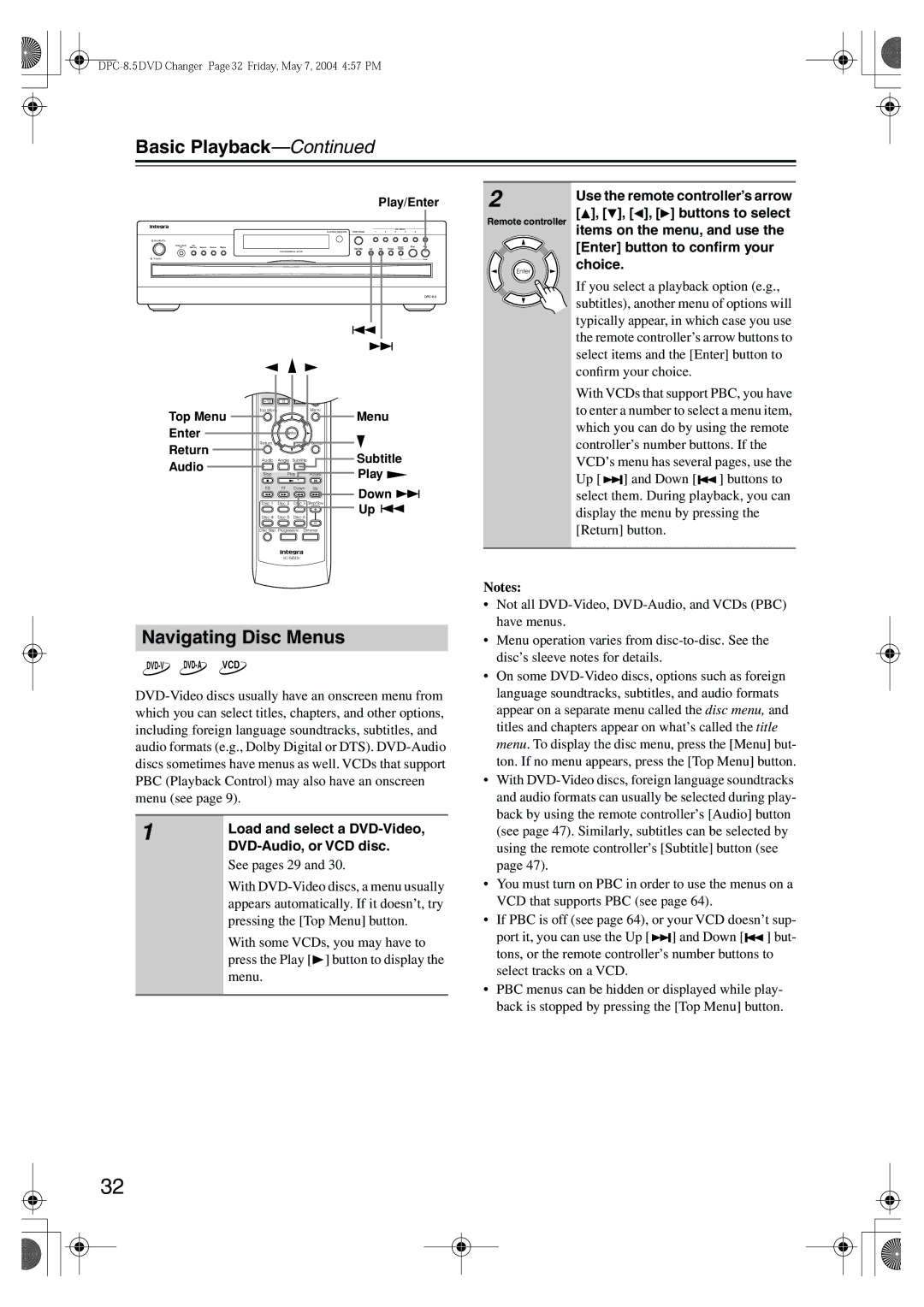 Integra DPC-8.5 instruction manual Navigating Disc Menus, Load and select a DVD-Video, DVD-Audio, or VCD disc 