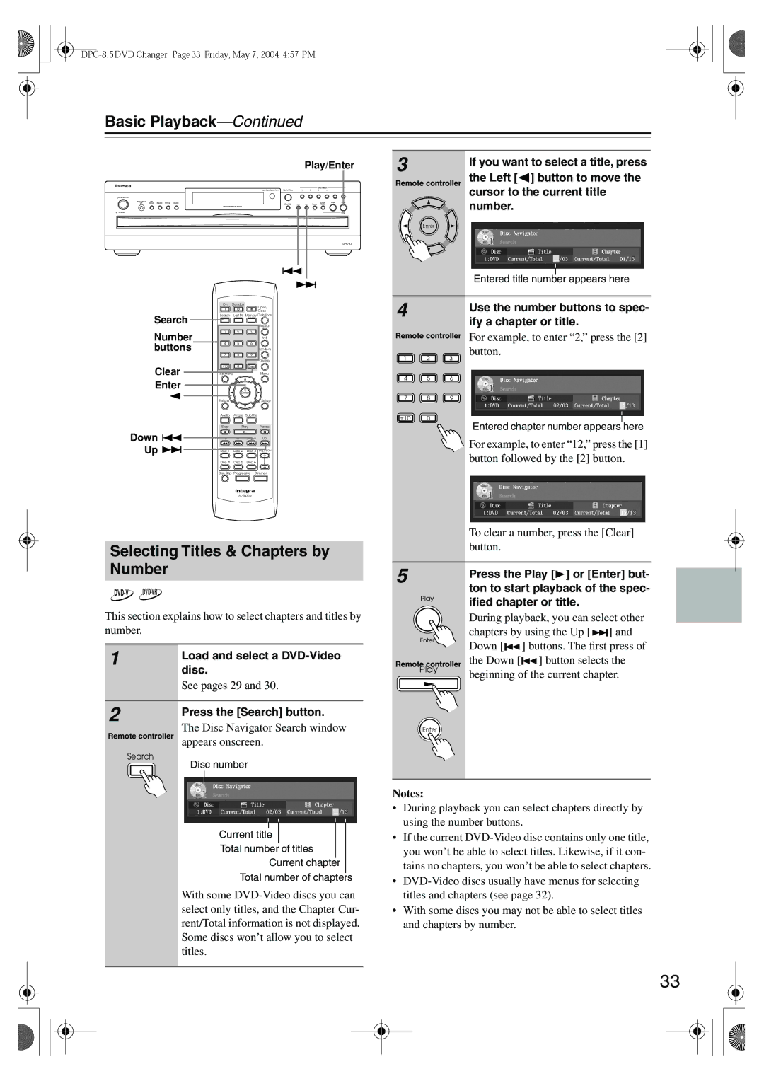 Integra DPC-8.5 instruction manual Selecting Titles & Chapters by Number 