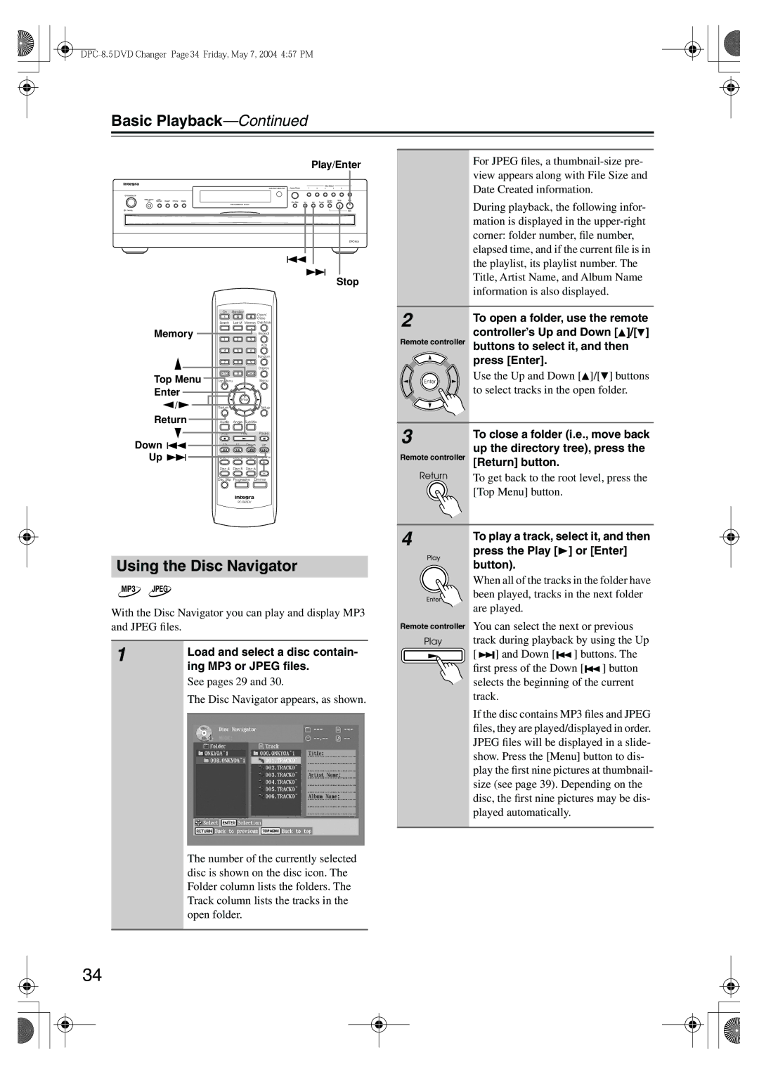 Integra DPC-8.5 instruction manual Using the Disc Navigator 