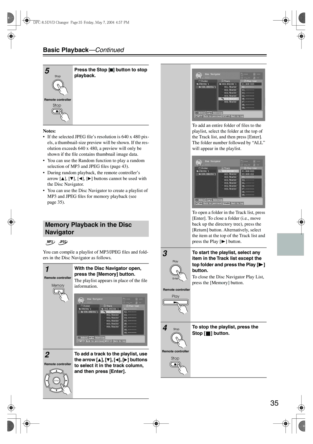 Integra DPC-8.5 instruction manual Memory Playback in the Disc Navigator 