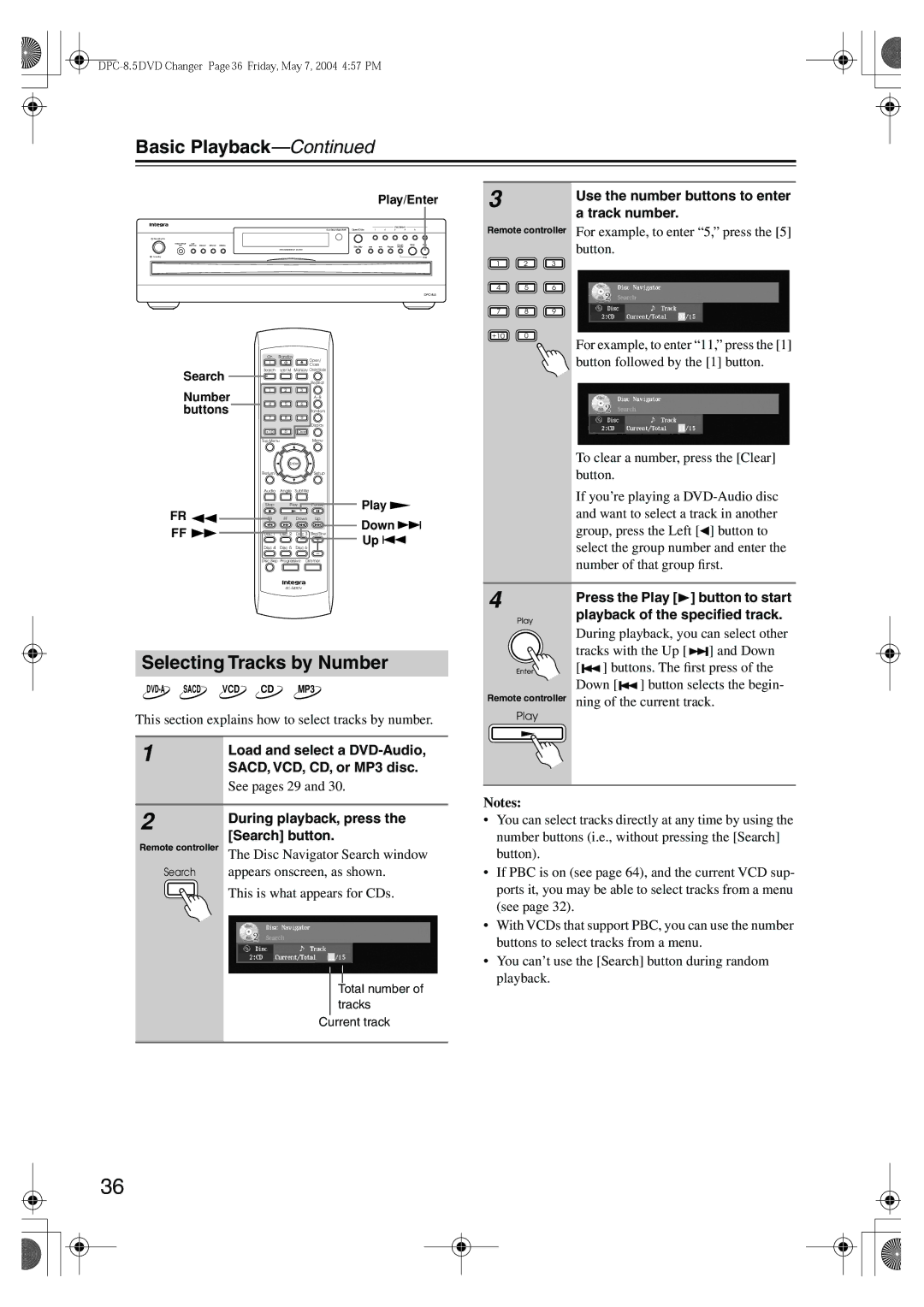 Integra DPC-8.5 instruction manual Selecting Tracks by Number 