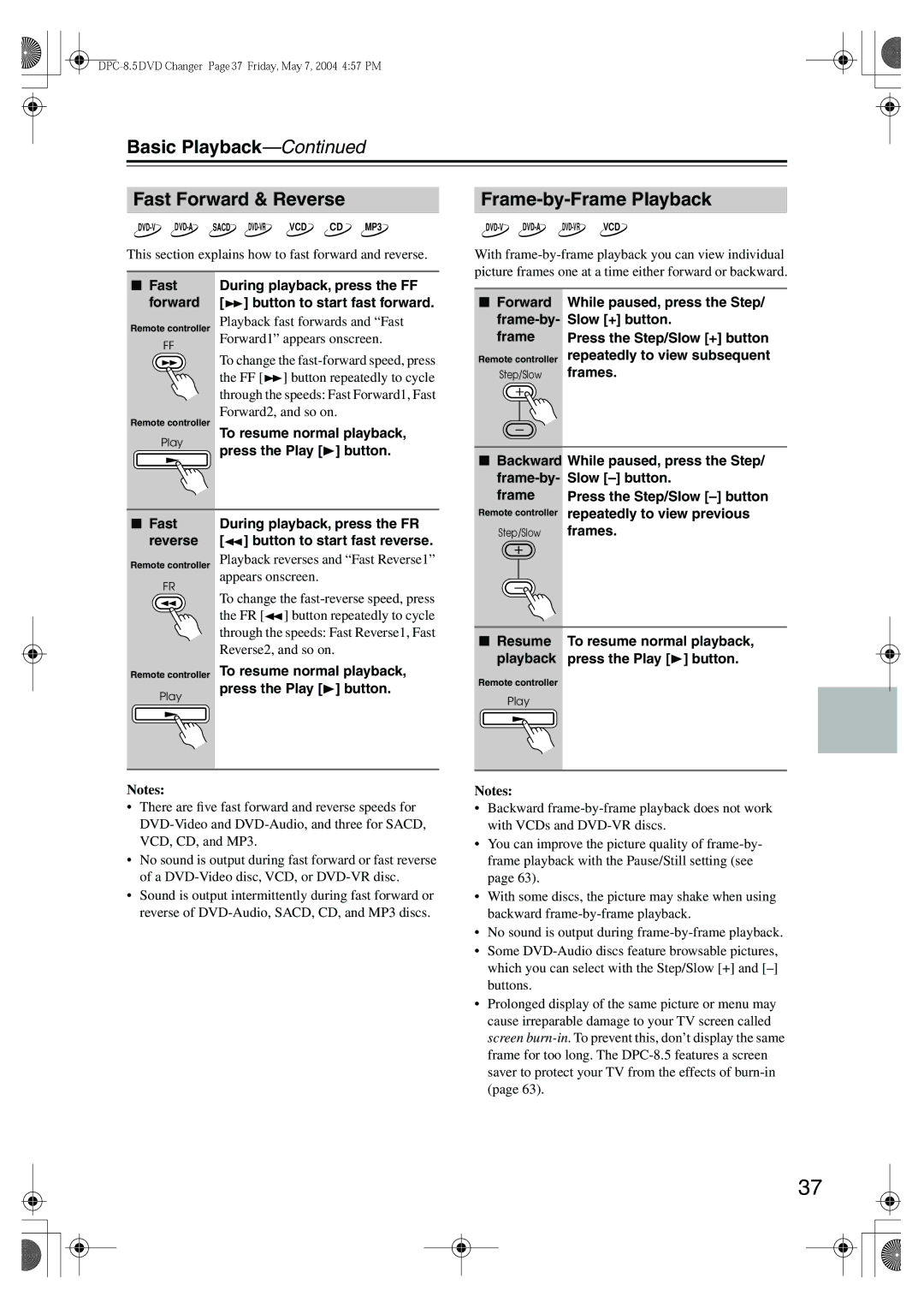 Integra DPC-8.5 instruction manual Basic Playback Fast Forward & Reverse, Frame-by-Frame Playback 