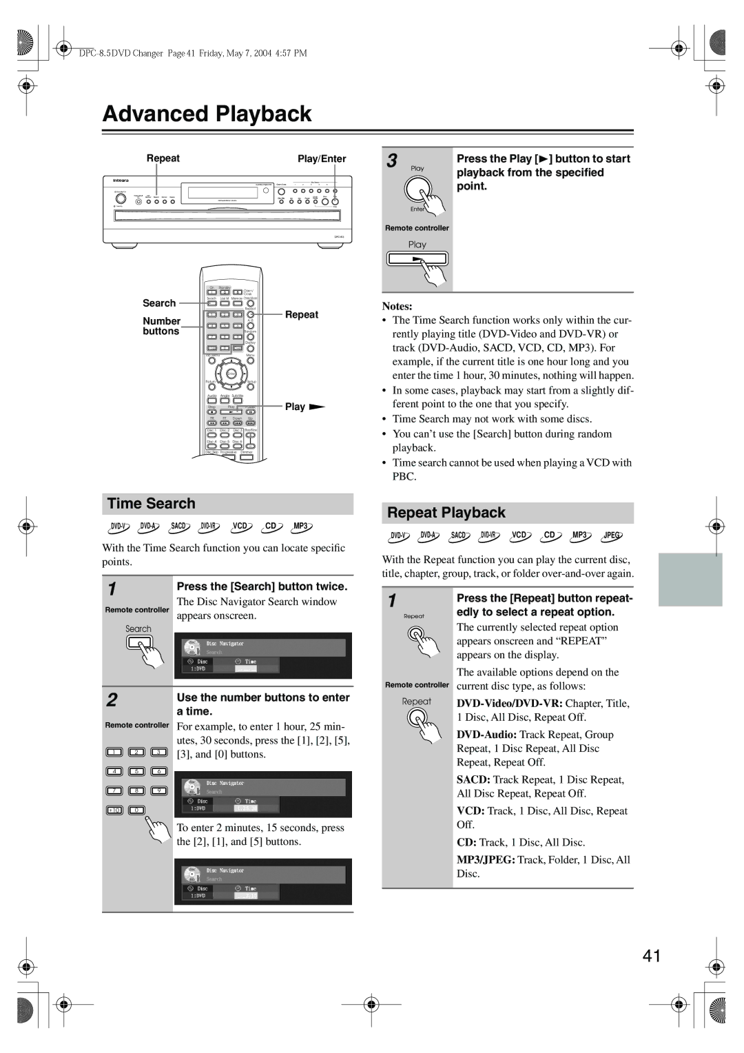 Integra DPC-8.5 instruction manual Advanced Playback, Time Search, Repeat Playback 