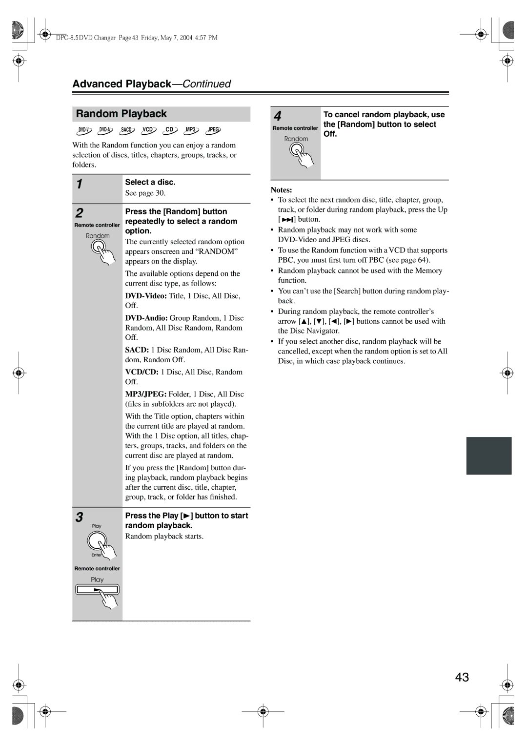 Integra DPC-8.5 instruction manual Advanced Playback Random Playback 