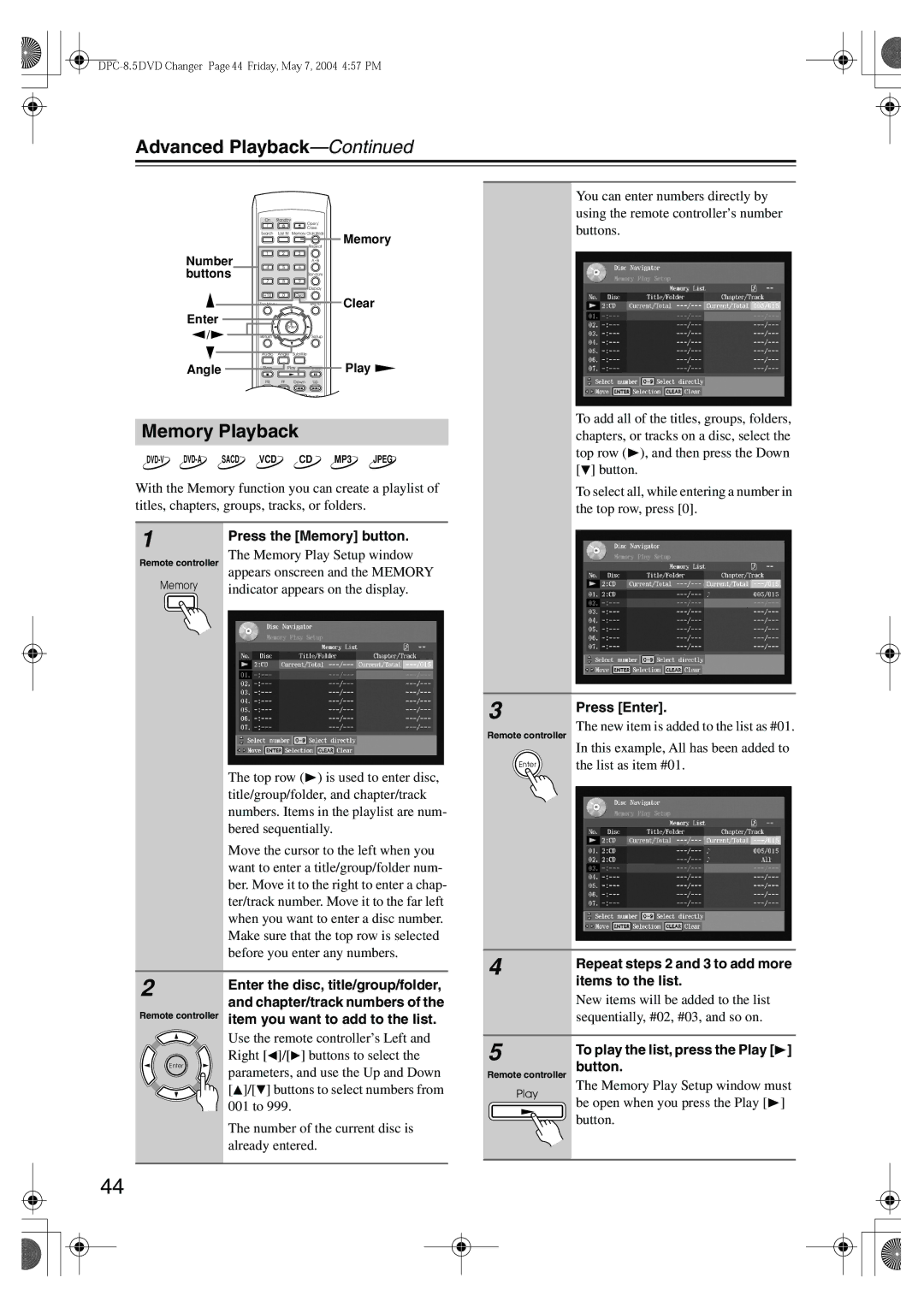 Integra DPC-8.5 instruction manual Memory Playback, Items to the list, Angle, Repeat steps 2 and 3 to add more 