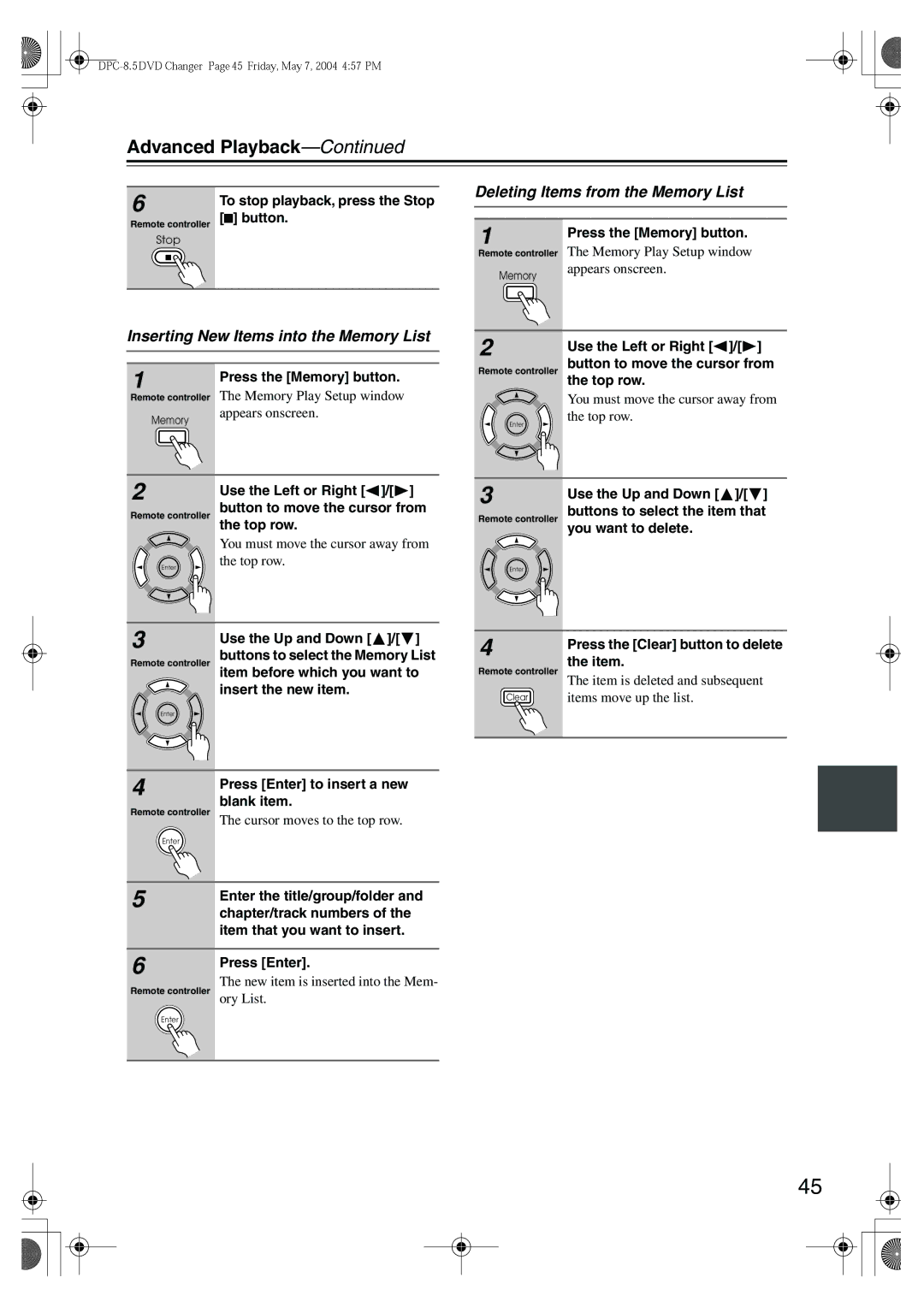 Integra DPC-8.5 instruction manual Deleting Items from the Memory List, Inserting New Items into the Memory List 