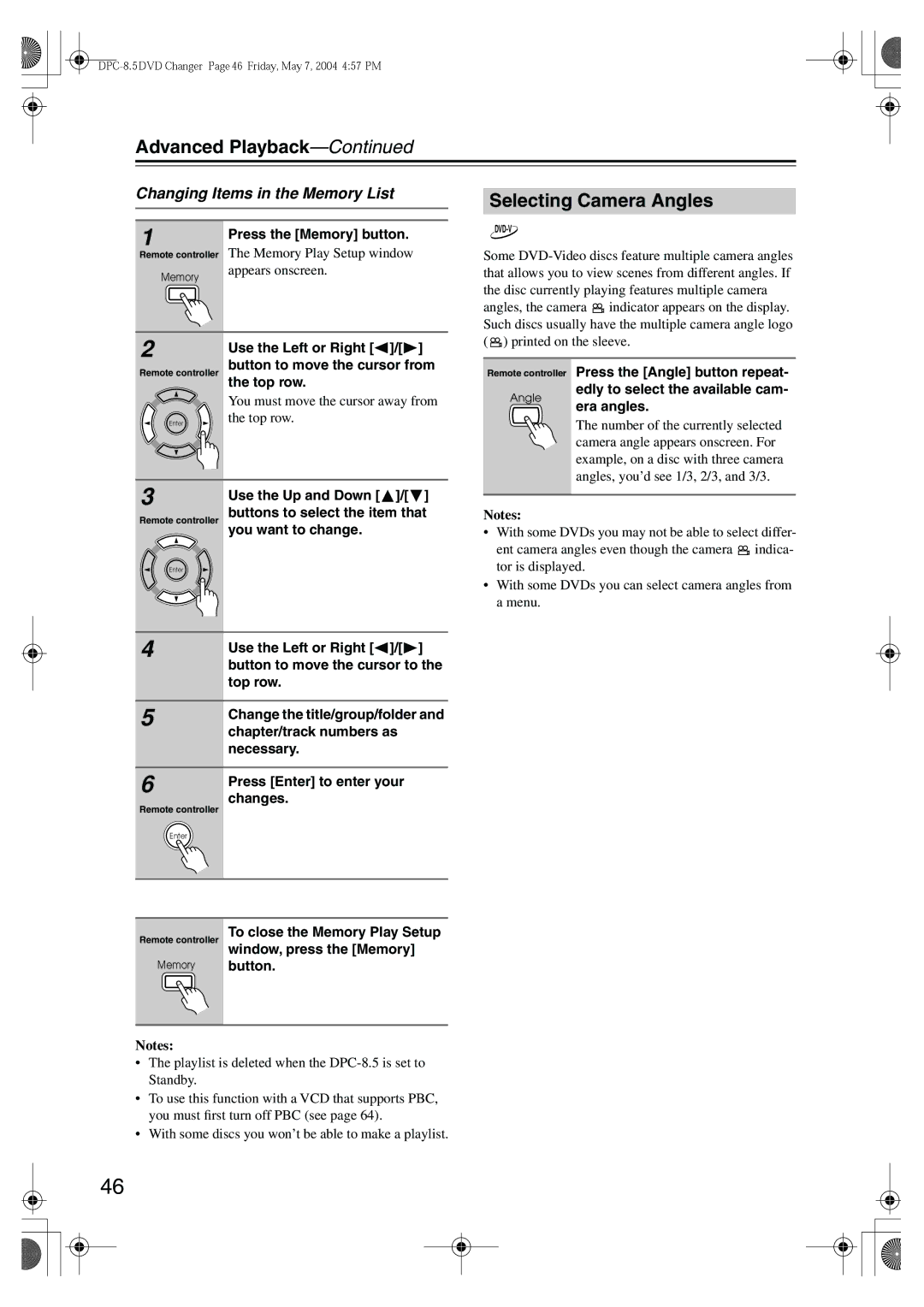 Integra DPC-8.5 instruction manual Selecting Camera Angles, Changing Items in the Memory List 