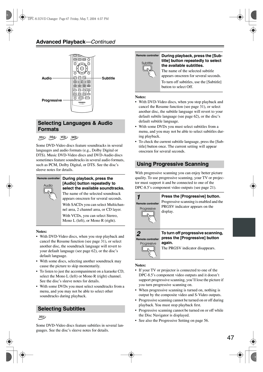 Integra DPC-8.5 Selecting Languages & Audio Formats, Using Progressive Scanning, Selecting Subtitles, Again 