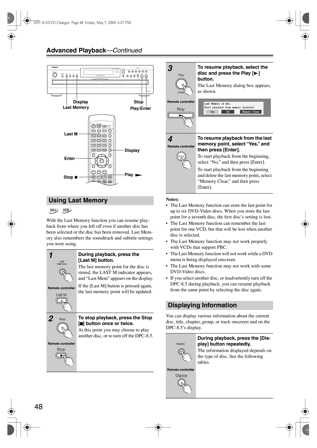 Integra DPC-8.5 instruction manual Using Last Memory, Displaying Information 